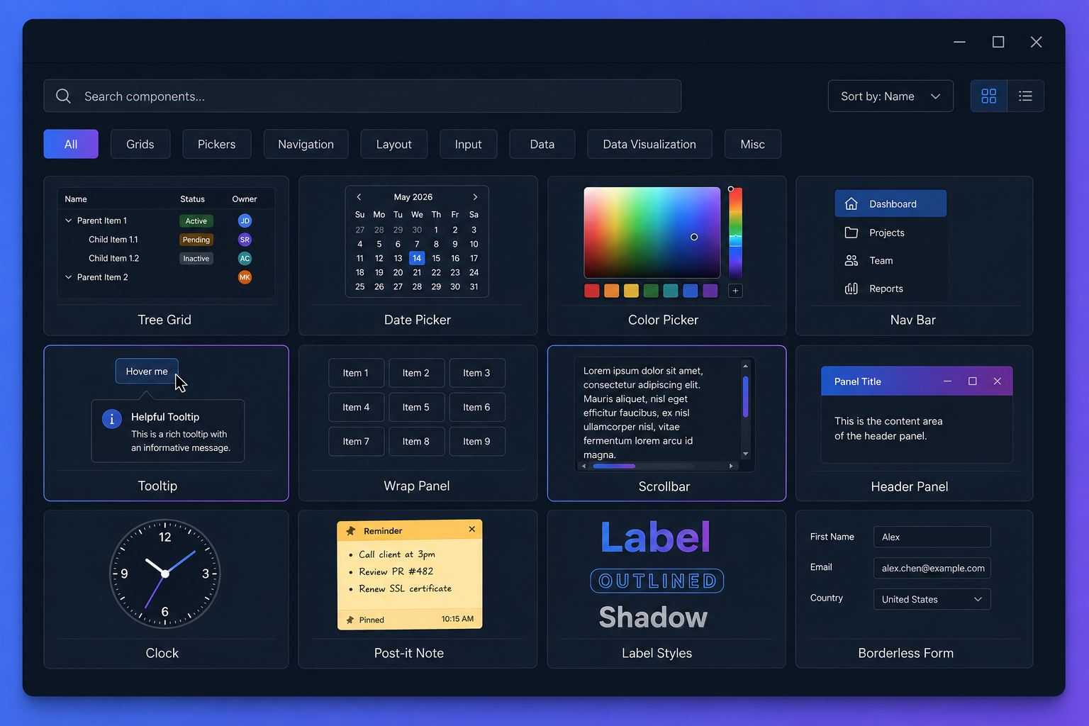 Screenshot-style illustration of a component library catalog browser showing a searchable grid of UI controls like Tree Grid, Date Picker, Color Picker, Nav Bar, Tooltip and more