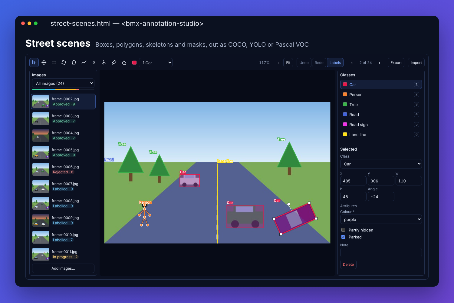 The BMX annotation studio labelling a street scene: the queue of frames with their statuses, the road as a painted mask, trees as polygons, cars as boxes, a person as a keypoint skeleton, a parked car&rsquo;s rotated box selected with its handles, and its class, position, angle and attributes in the panel