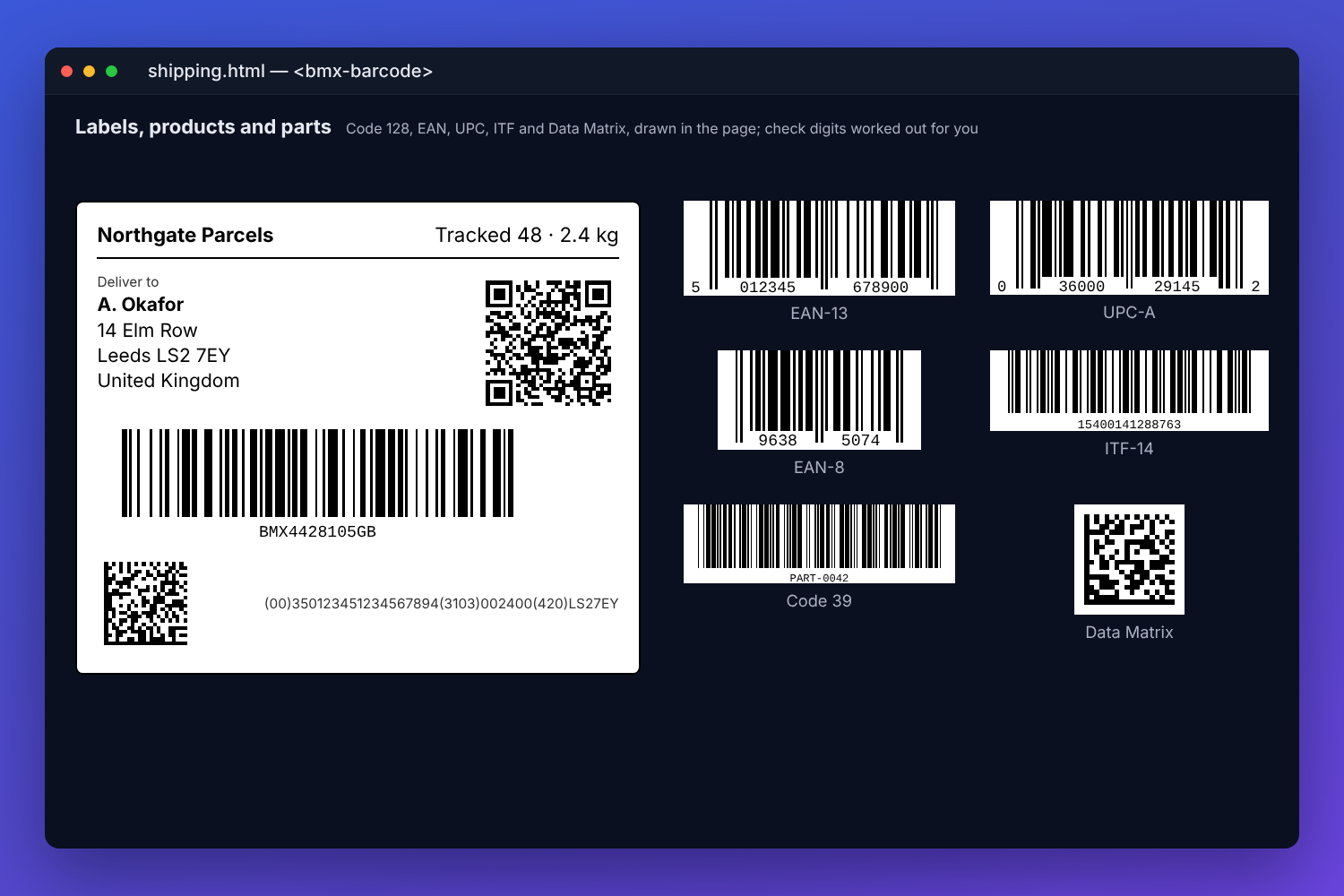 BMX barcodes for labels, products and parts: a parcel label with an address, a QR code, a Code 128 tracking barcode and a Data Matrix, beside EAN-13, UPC-A, EAN-8, ITF-14, Code 39 and Data Matrix symbols with their digits underneath