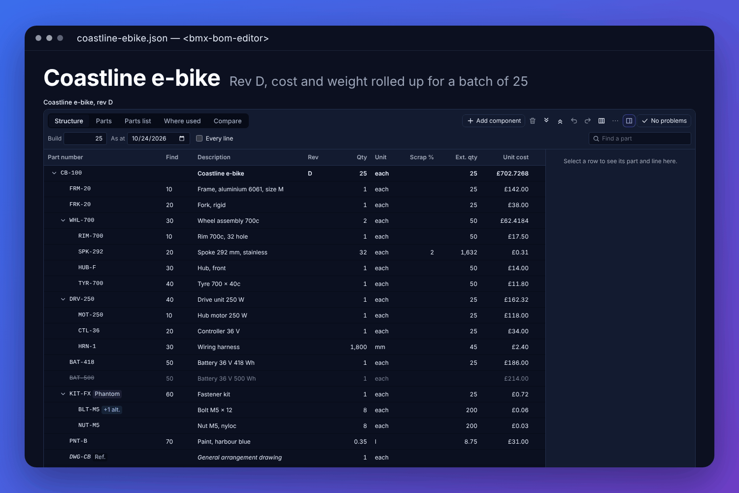 The BMX BOM editor with a made-up e-bike&rsquo;s bill of materials at revision D: the indented structure of assemblies and parts with their quantities and unit costs, rolled up for a batch of 25