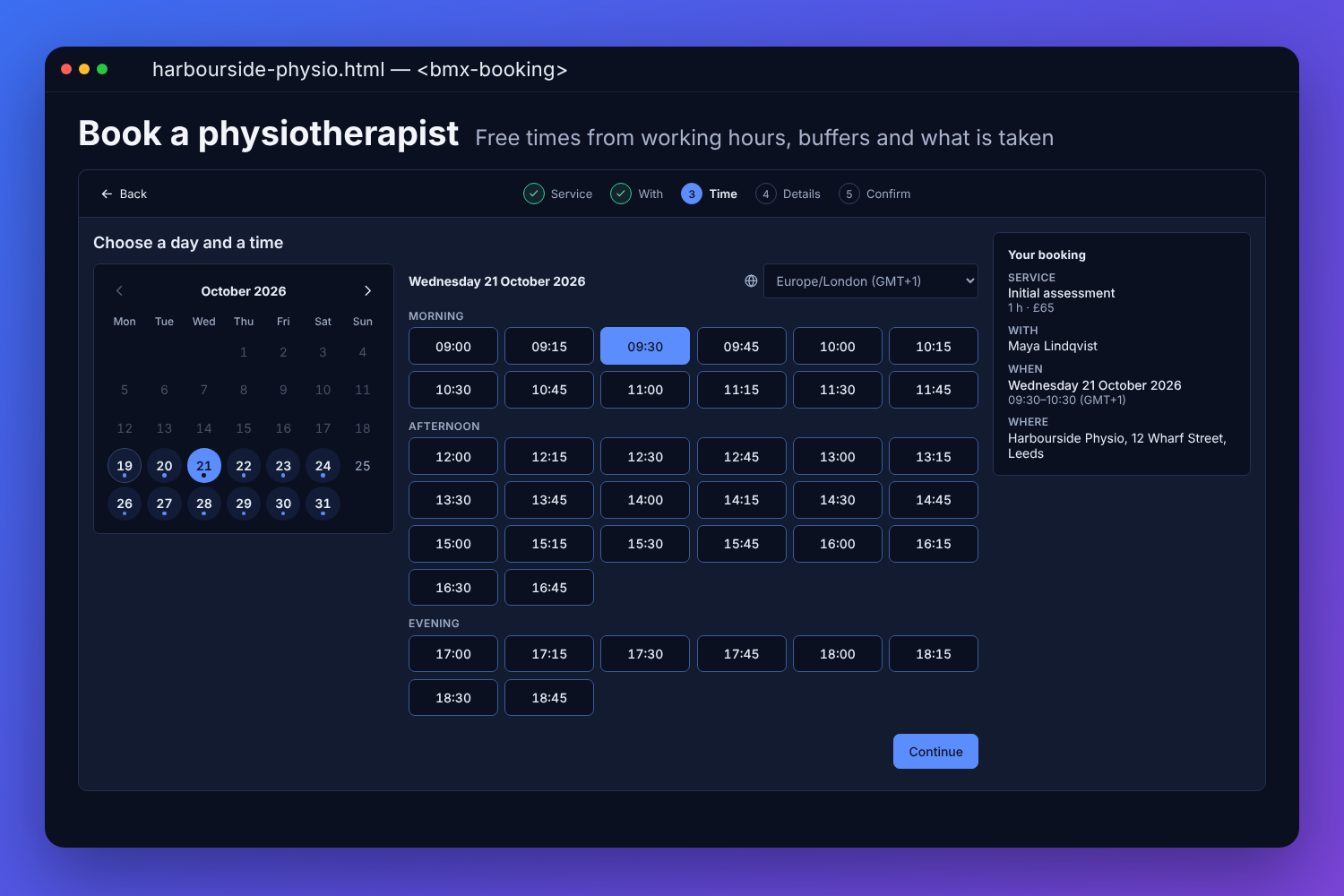 The BMX booking picker for a fictional physiotherapy clinic: Wednesday 21 October chosen on the month calendar, its free times from morning to evening with 09:30 chosen, and the booking so far beside them