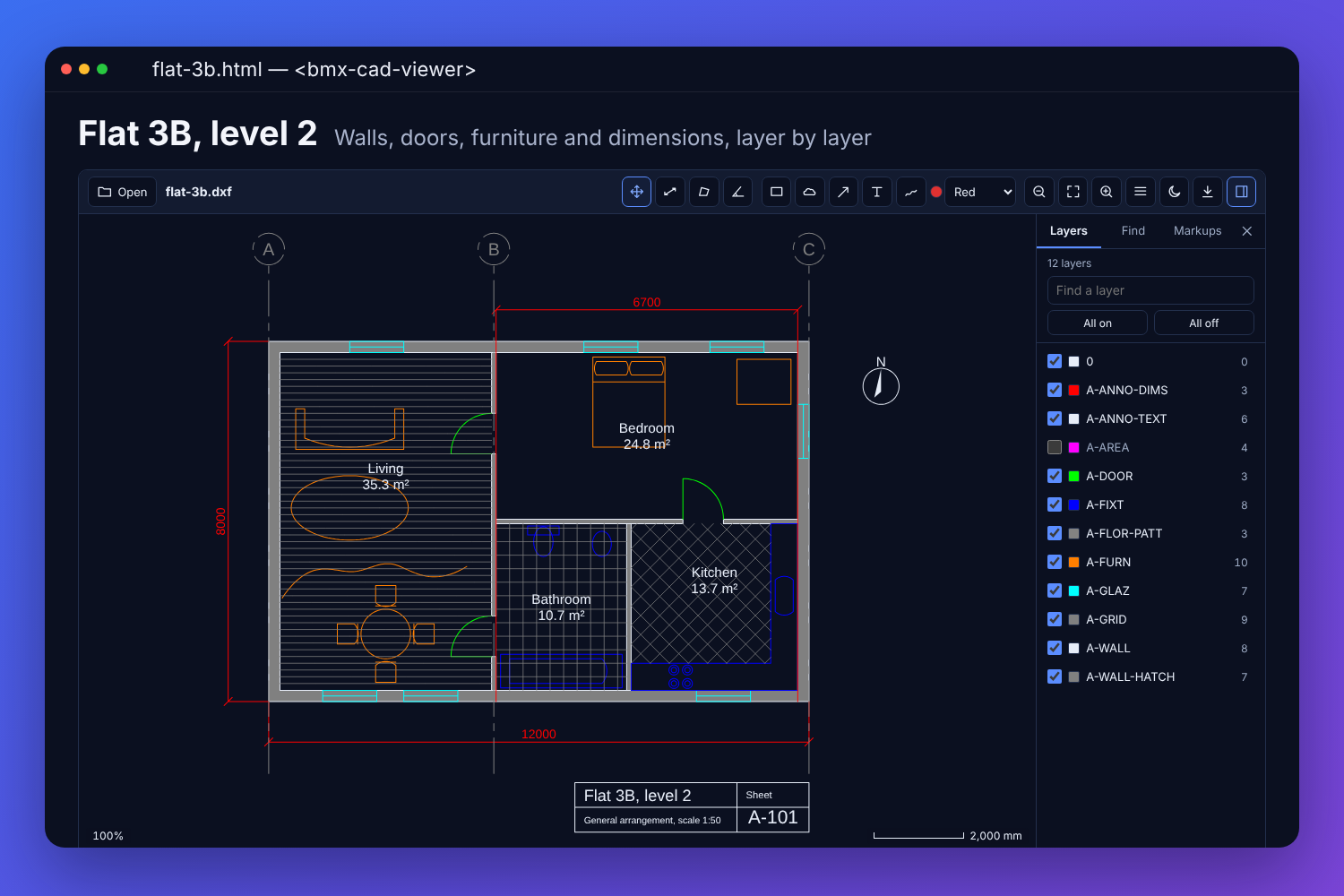 The BMX CAD viewer with a fictional flat&rsquo;s floor plan on a dark ground: walls with their hatching, doors and windows, furniture, floor patterns, room names with their areas and red dimensions, and the twelve layers listed with their colours beside it