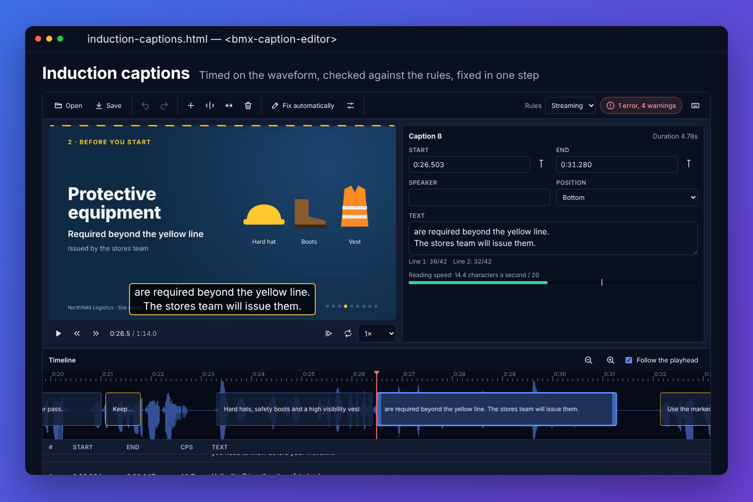 The BMX caption editor with a safety induction: the video showing the chosen caption, its start and end times, text and reading-speed meter in the panel, and the timeline of captions over the sound&rsquo;s waveform with the playhead