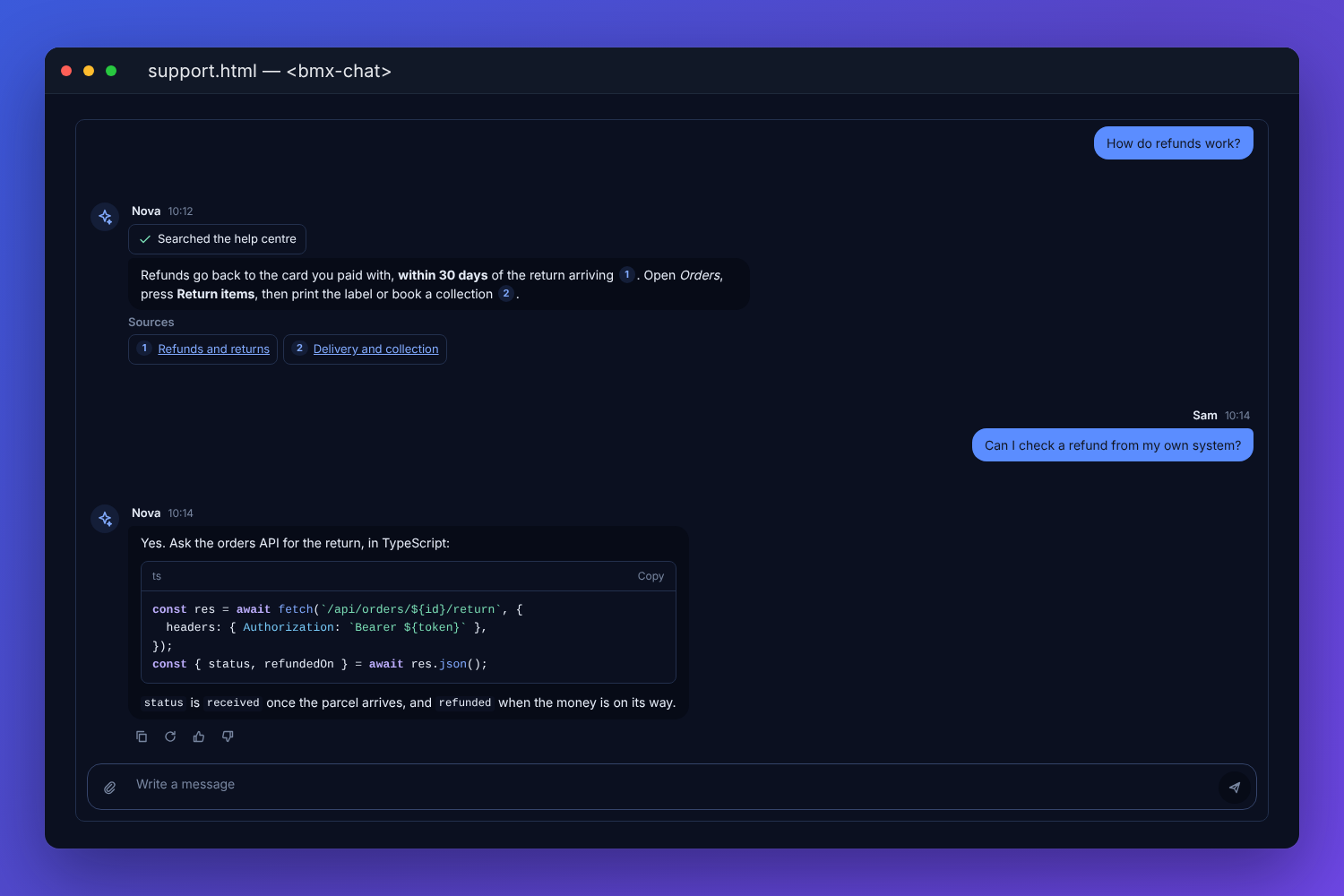The BMX chat as a support assistant: a question about refunds, an answer that searched the help centre and cites two sources by number, then a question about checking a refund from another system, answered with highlighted TypeScript and the copy, ask again and rating buttons