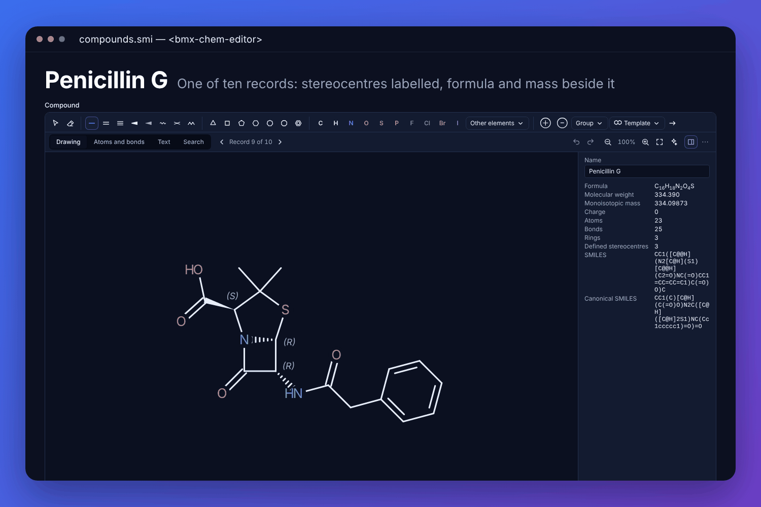 The BMX chemical structure editor with penicillin G opened from a list of ten compounds: the structure drawn with its stereocentres labelled, and its formula, molecular weight and SMILES beside it