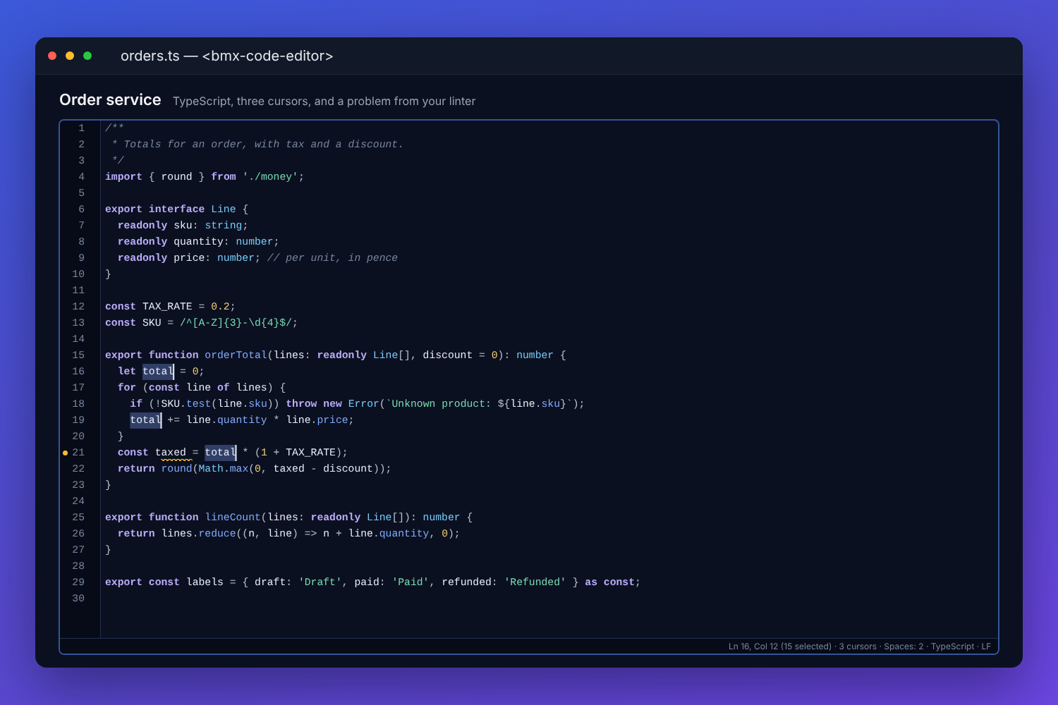 The BMX code editor on a TypeScript file of order totals: coloured code with line numbers, three cursors on the word total, a warning underlined on line 21 with a marker in the gutter, and the status bar reporting three cursors, two-space indents and TypeScript
