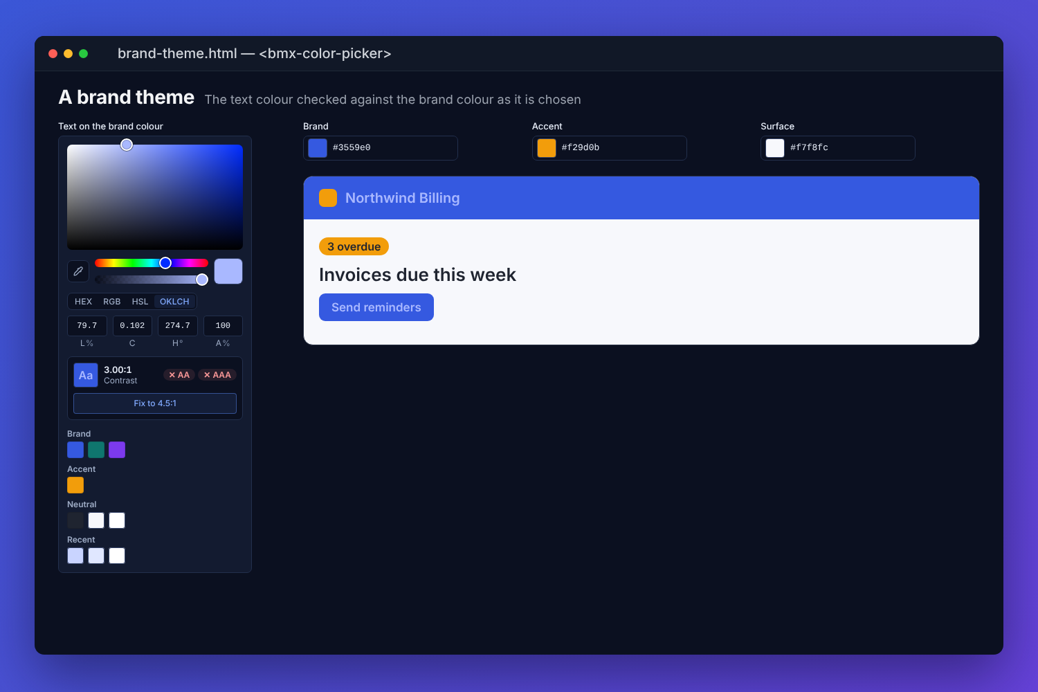 The BMX colour picker in the page beside an application preview: a light blue chosen as the text on a blue brand colour, the contrast check reading 3.00 to 1 and failing AA, with a Fix to 4.5 to 1 button, swatches in brand, accent and neutral groups, and recent colours