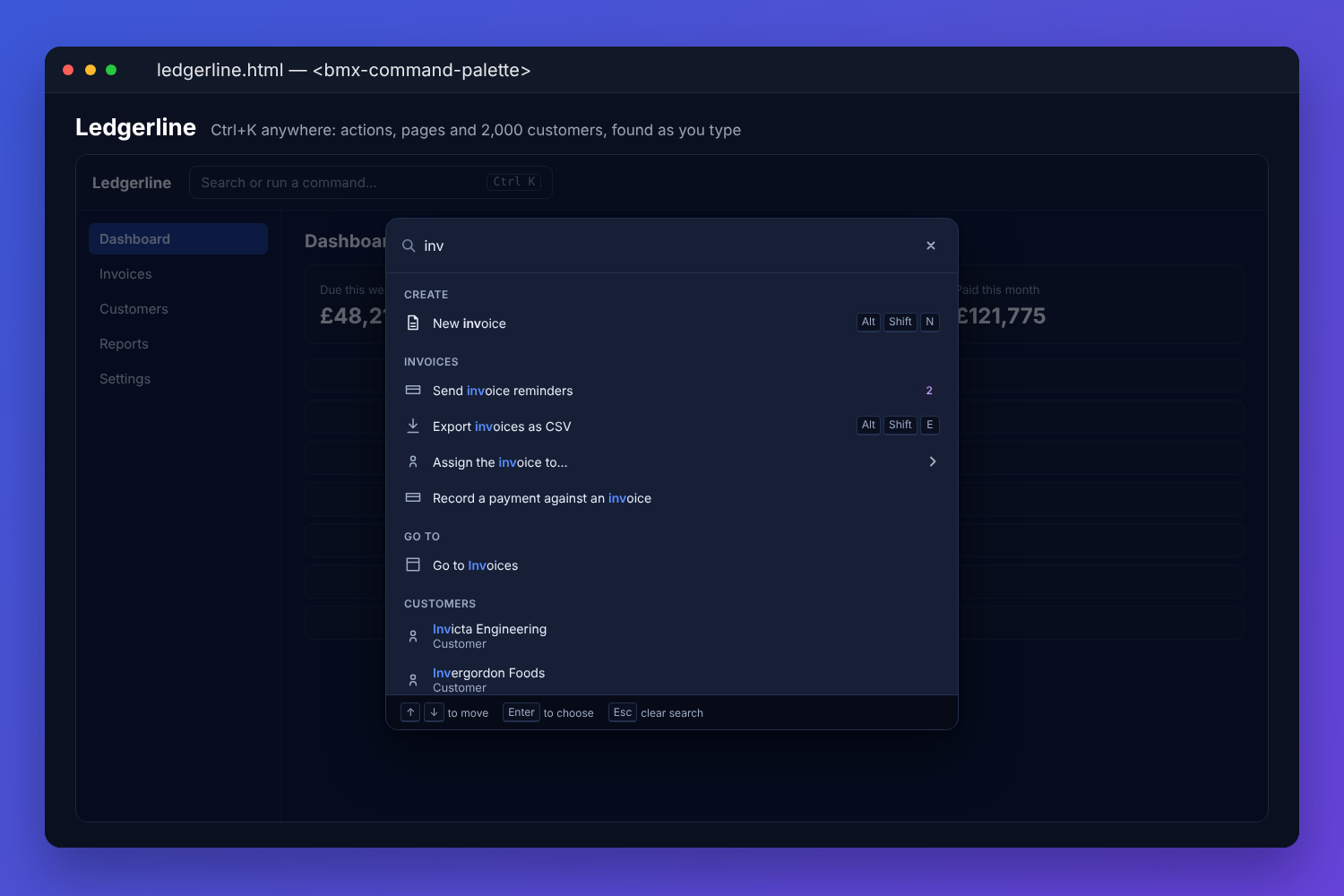 The BMX command palette over a billing application: inv typed, with New invoice, Send invoice reminders, Export invoices as CSV and Go to Invoices matched and their letters highlighted, keyboard shortcuts beside them, and three customers found by the page's own search