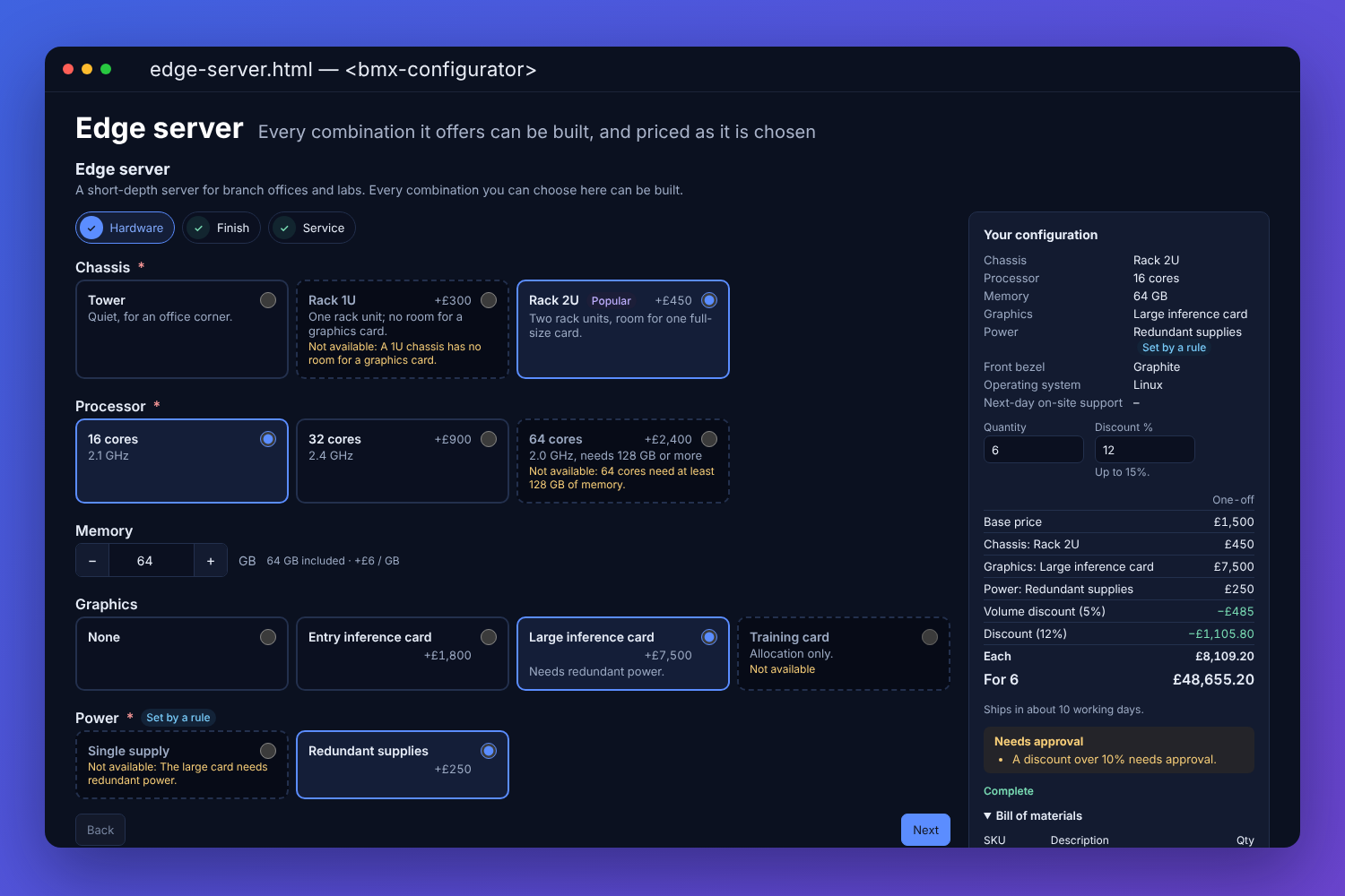 The BMX configurator quoting an edge server in seller mode: chassis, processor, memory, graphics and power as option cards, a 1U chassis and a 64-core processor marked unavailable with the reasons, redundant power set by a rule, and the summary for six servers with a volume discount, a 12% discount needing approval and the bill of materials
