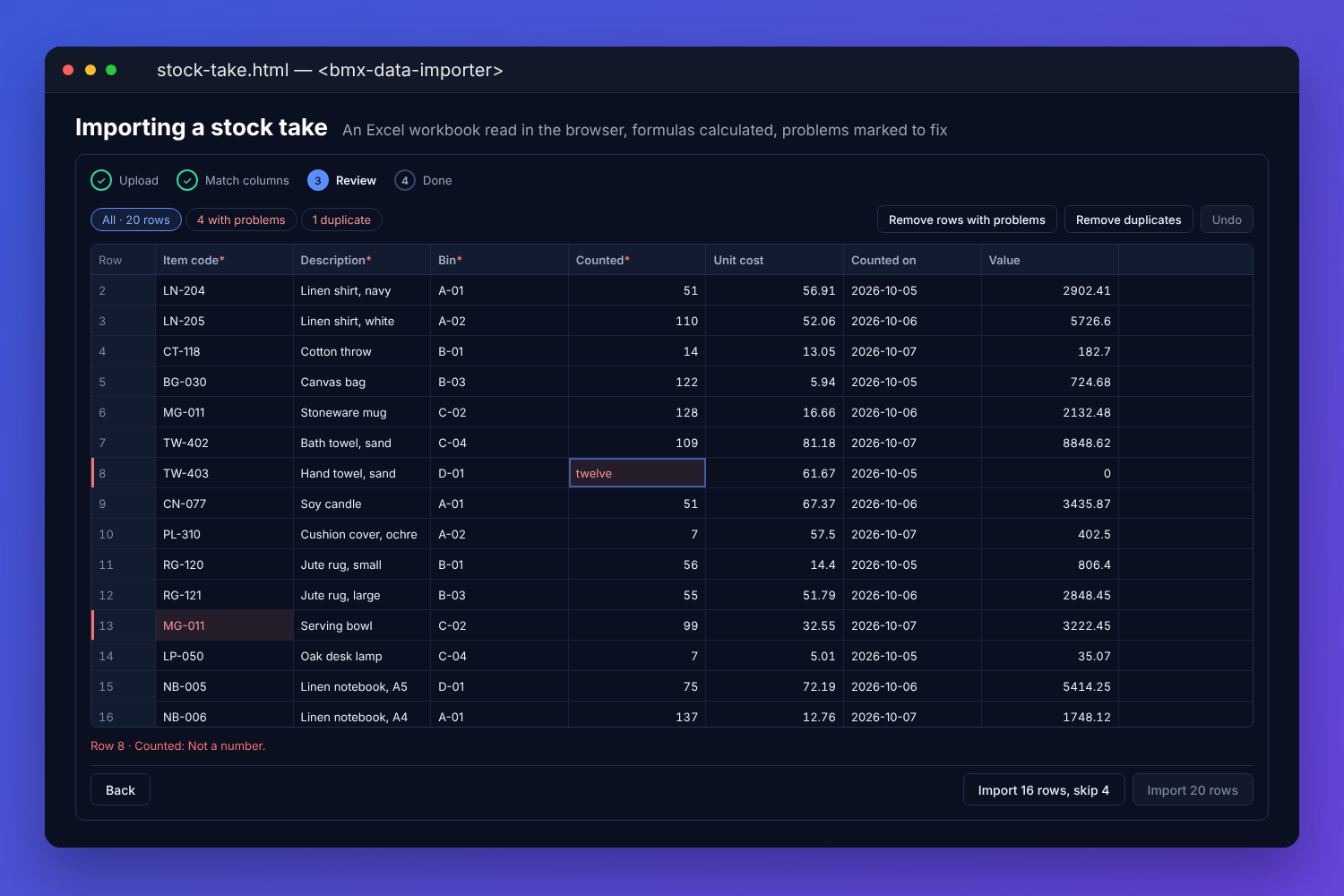 The BMX data importer reviewing a stock take read from an Excel workbook: twenty rows with values calculated from the workbook's formulas, a count typed as a word marked as not a number, a repeated item code flagged as a duplicate, and Import 16 rows, skip 4 at the foot