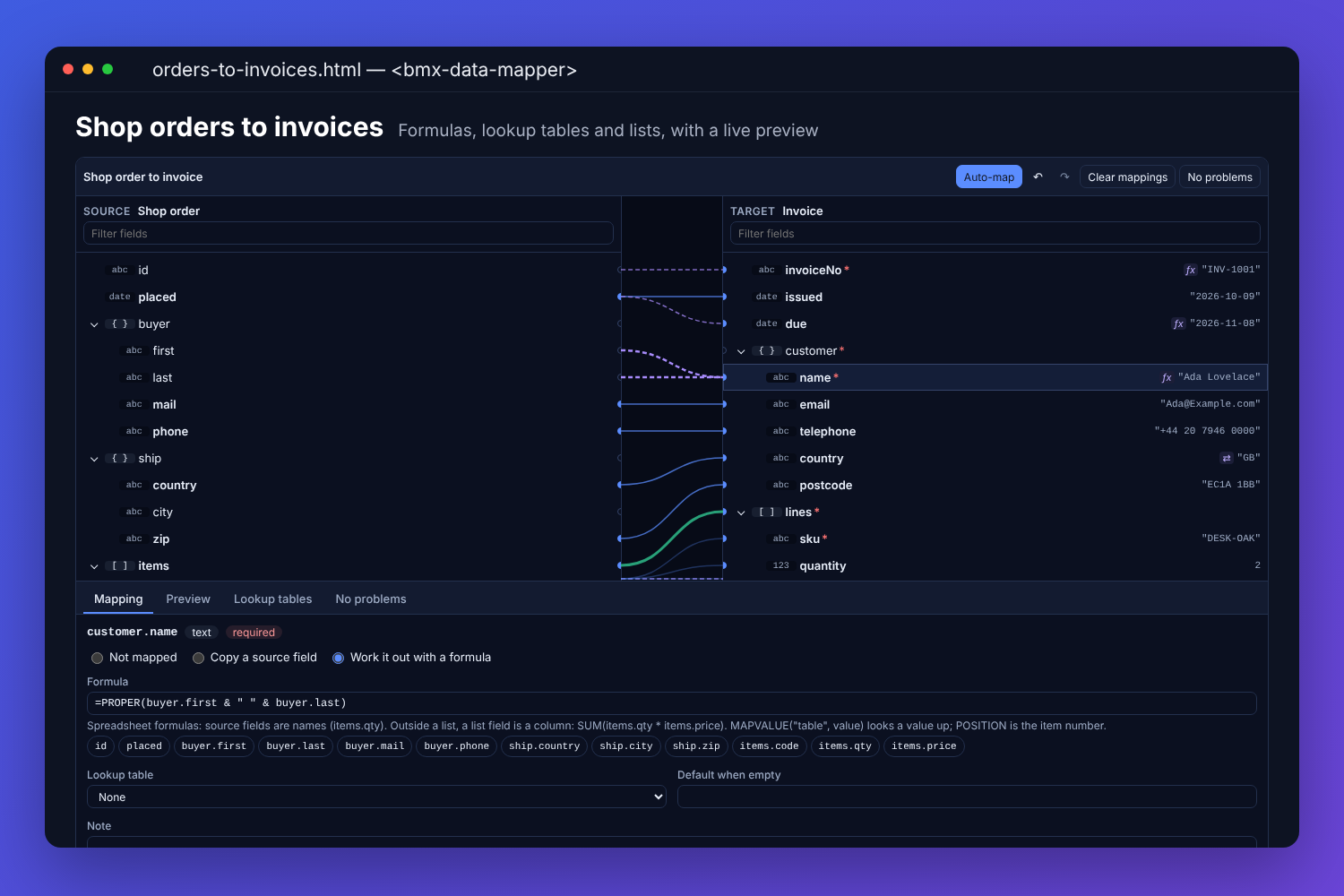 The BMX data mapper turning shop orders into invoices: source fields on the left, invoice fields on the right, lines between them, the customer name worked out with a PROPER formula and its result for the first order, and the order items mapped to invoice lines