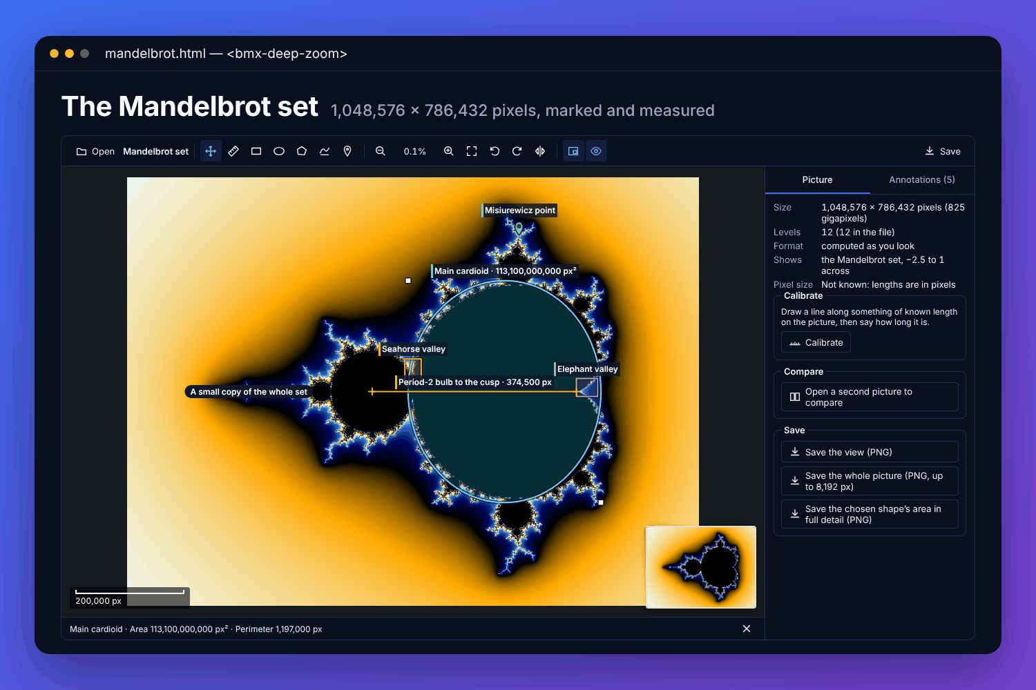 The BMX deep zoom viewer showing the Mandelbrot set at over 800 gigapixels with its places marked and labelled, a scale bar, the overview map in the corner, and the picture&rsquo;s details beside it