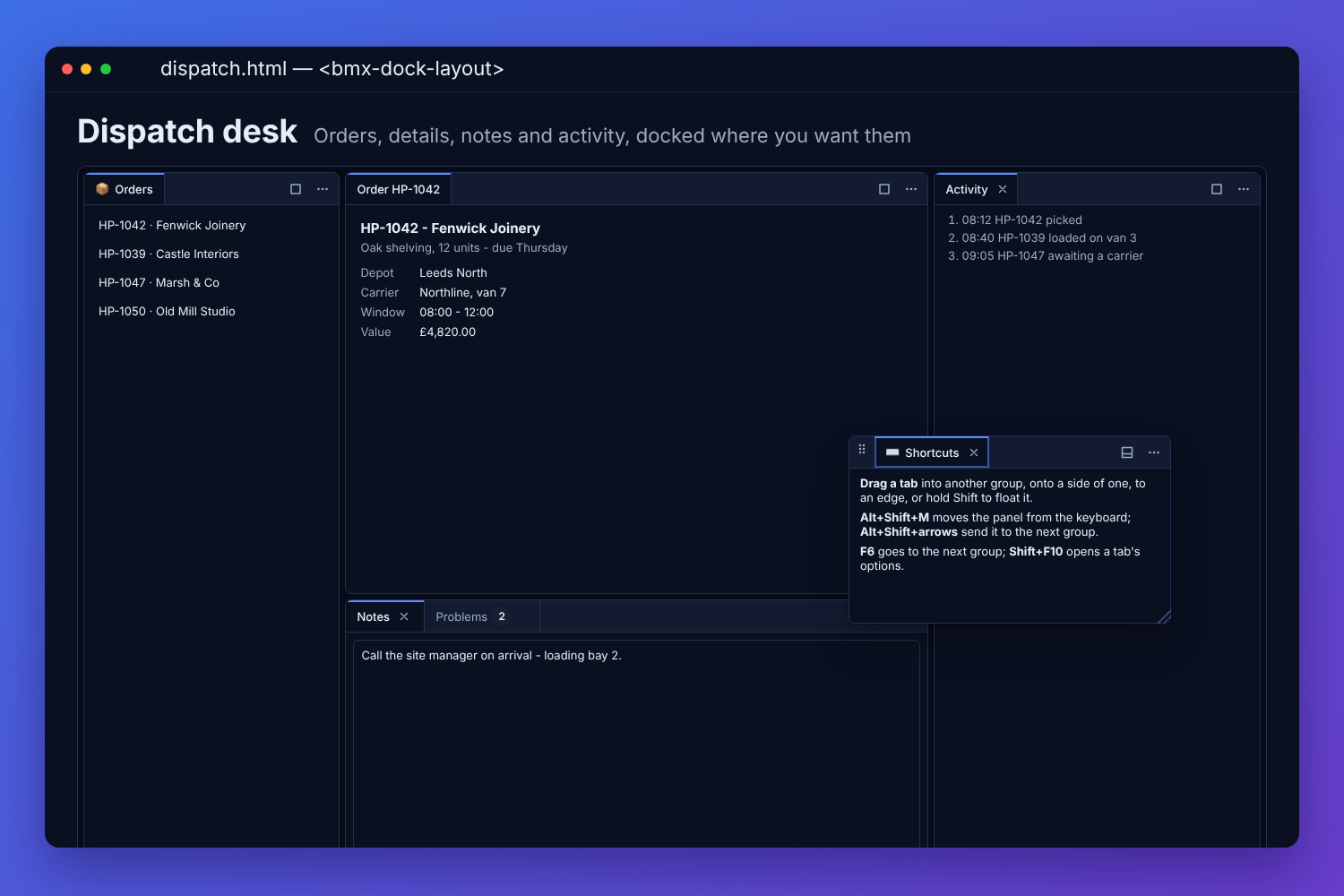 The BMX dock layout as a fictional furniture maker&rsquo;s dispatch desk: the orders list, an order&rsquo;s details and the activity log docked side by side, Notes and Problems tabbed below the details, and a Shortcuts panel floating over them with its keyboard help