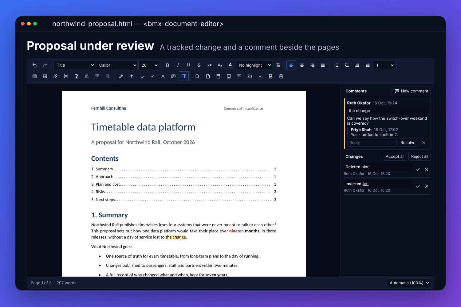 The BMX document editor with a fictional consultancy&rsquo;s proposal on an A4 page: a title, a table of contents with page numbers, a tracked change from nine to ten months, a highlighted comment, and the reviewer&rsquo;s comment and changes in the pane beside the page