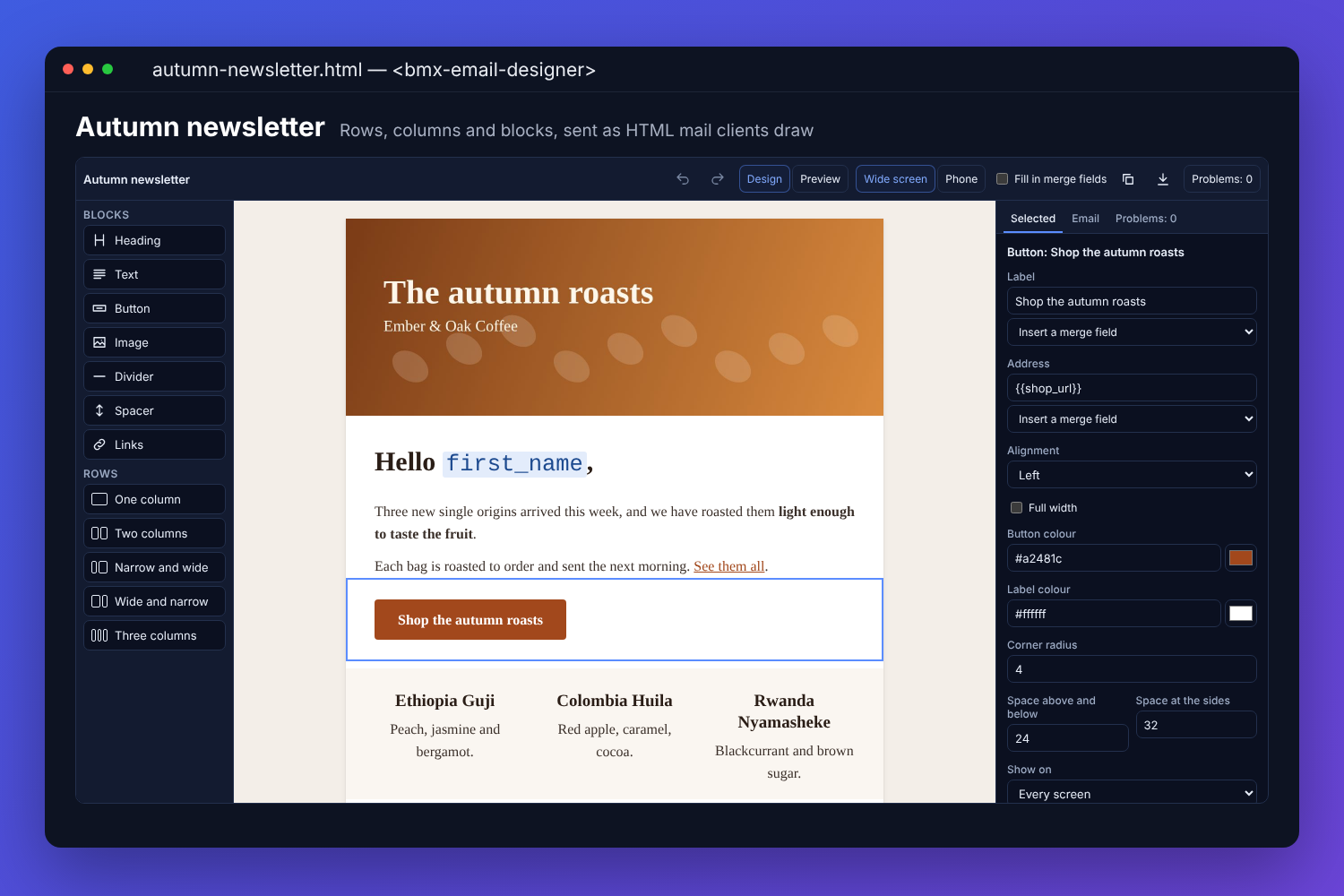 The BMX email template designer editing a coffee roaster&rsquo;s autumn newsletter: the Add list of blocks and rows, the email with its banner, greeting with a merge field, text, a selected Shop button and three columns, and the button&rsquo;s settings