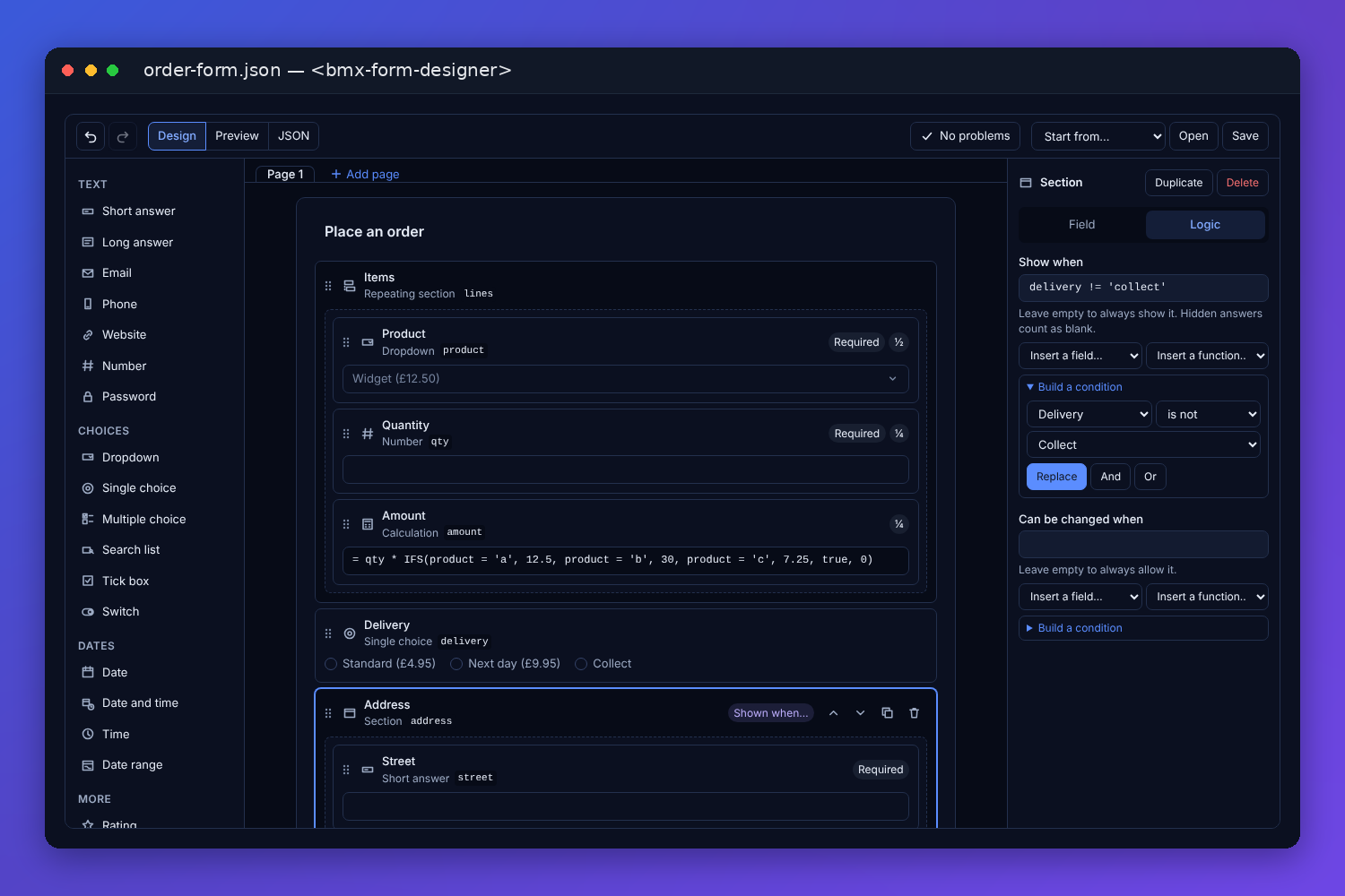 The BMX form designer building an order form: the palette of field types on the left, the form's items, delivery choice and address section in the middle, and the address section's Logic tab on the right, with a condition being built from Delivery, is not and Collect