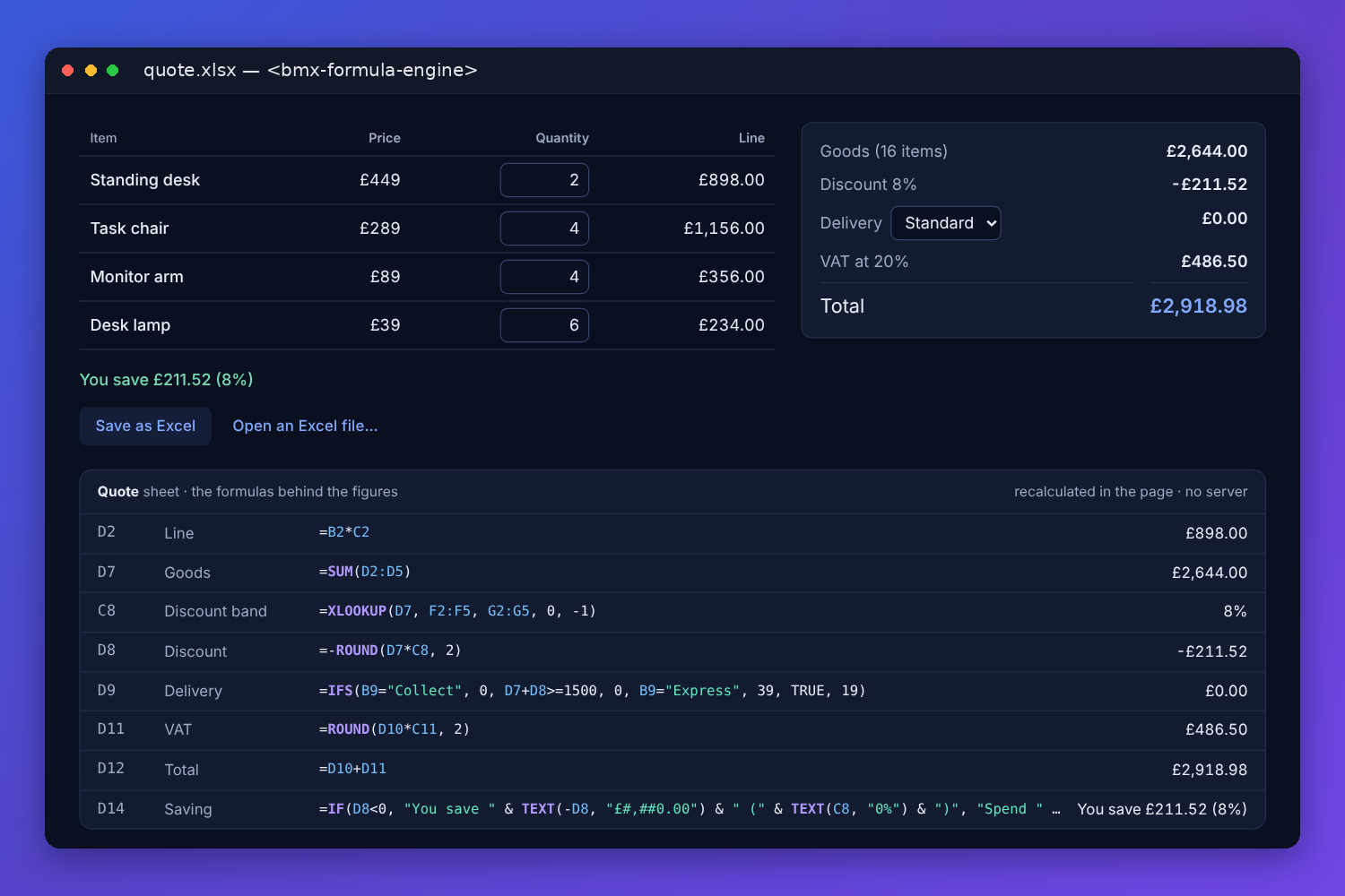 The BMX formula engine working out a quote: four items with their prices, quantities and line amounts, the goods total, an 8% discount band, delivery, VAT and the total, and below them the Quote sheet's formulas, from SUM and XLOOKUP to ROUND, IFS and TEXT, with the value each one gives