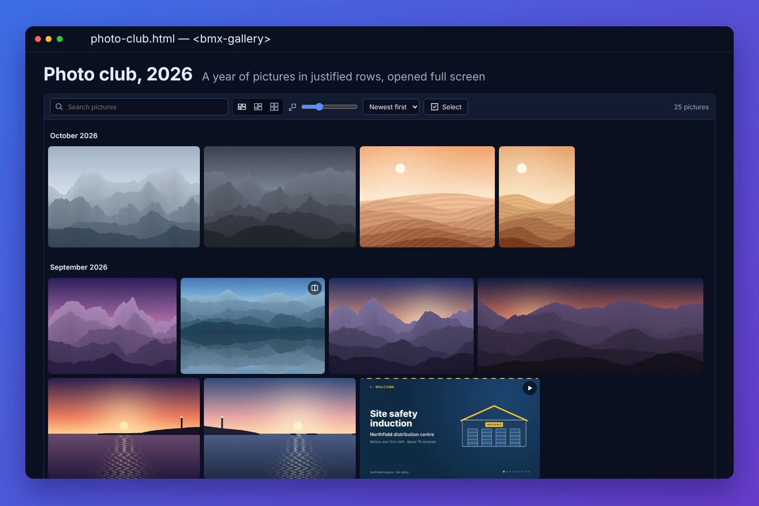 The BMX gallery with a photo club&rsquo;s year of pictures: mountain, dune and sunset photographs in justified rows of equal height under October and September headings, with the search, layout, size and sort controls above and a video among the pictures
