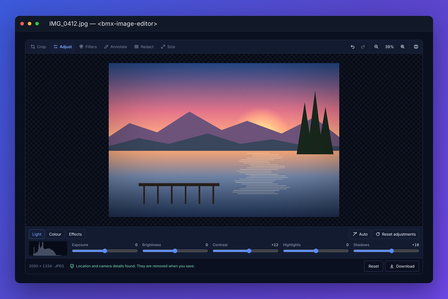 The BMX image editor adjusting a phone photo of a lake at sunrise: the tool tabs, the photo, a histogram with light sliders for exposure, brightness, contrast, highlights and shadows, and a note that location and camera details were found and are removed when the photo is saved