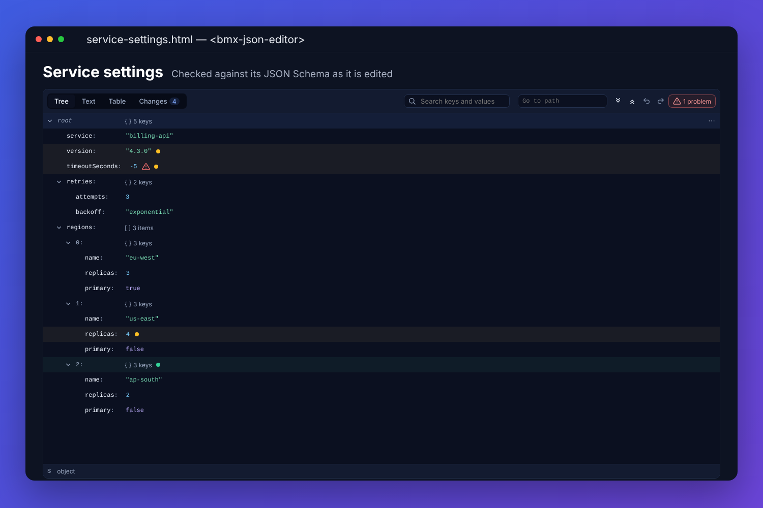 The BMX JSON editor showing a billing service&rsquo;s settings as a tree: the version and a replica count marked as changed, a new region marked as added, and a negative timeout flagged as a problem, with four changes counted against the published version