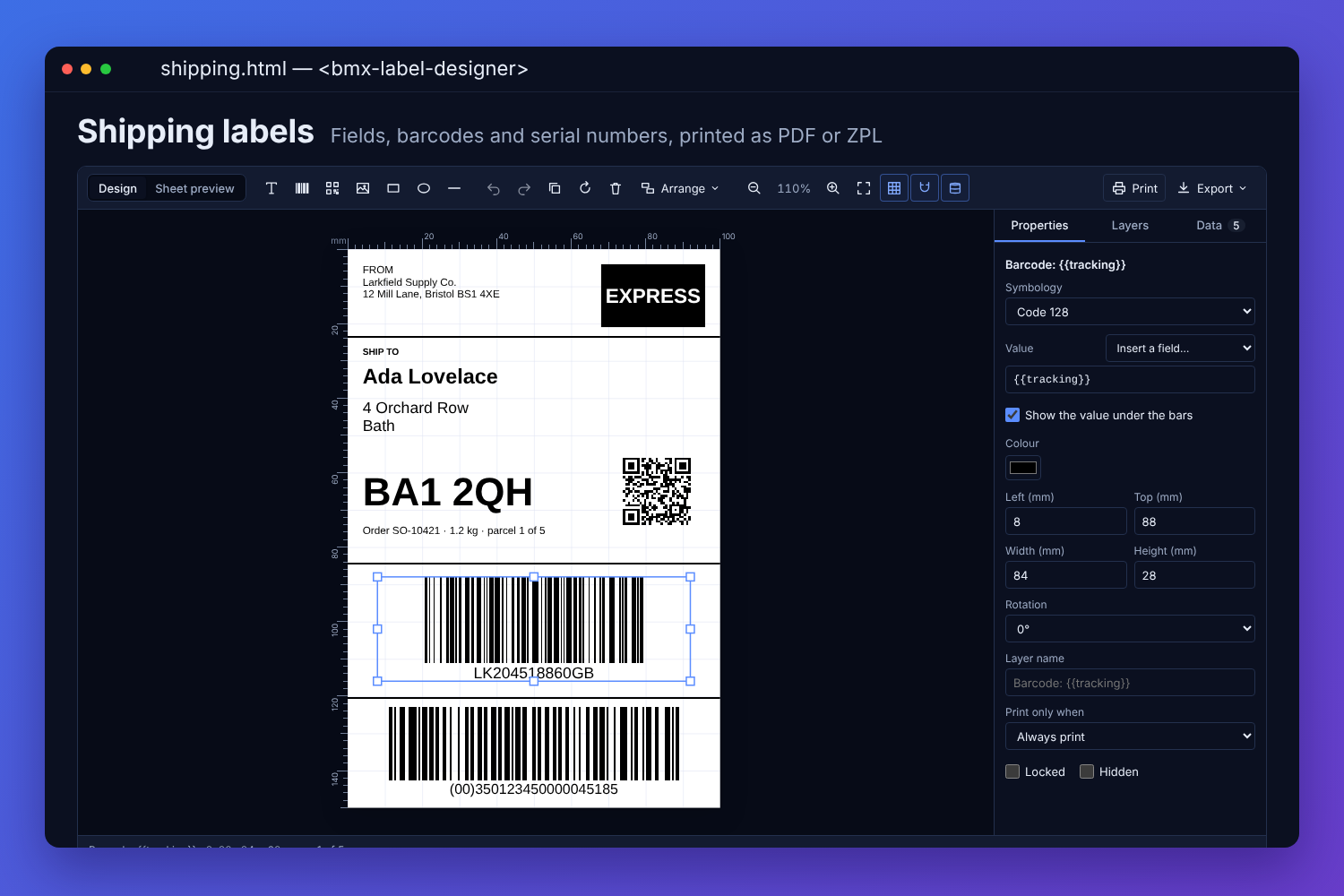 The BMX label designer with a fictional supplier&rsquo;s express shipping label: the sender, the recipient&rsquo;s address and postcode in large type, a QR code, the tracking barcode chosen with its handles, and an SSCC barcode, with the barcode&rsquo;s symbology, field and position in the properties panel