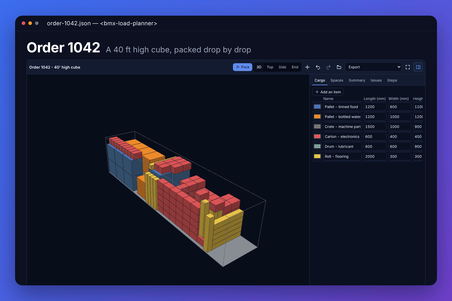 The BMX load planner with a made-up order in a 40 ft high cube container: pallets, cartons and drums packed in 3D and coloured by item, and the cargo list with each item&rsquo;s size beside it