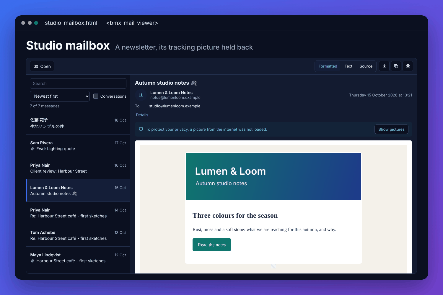 The BMX mail viewer with a fictional design studio&rsquo;s mailbox: the messages listed newest first, and a newsletter open with its banner, the notice that a picture from the internet was held back, and its button