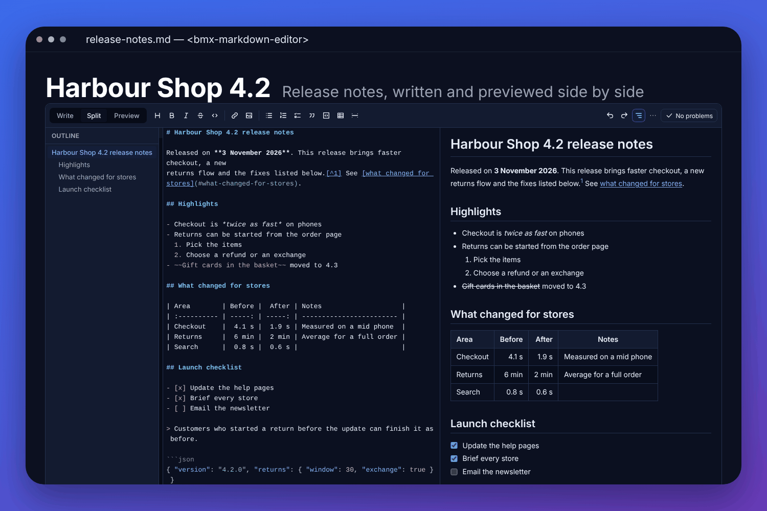 The BMX Markdown editor with made-up release notes: the Markdown coloured on the left and the preview with its table on the right