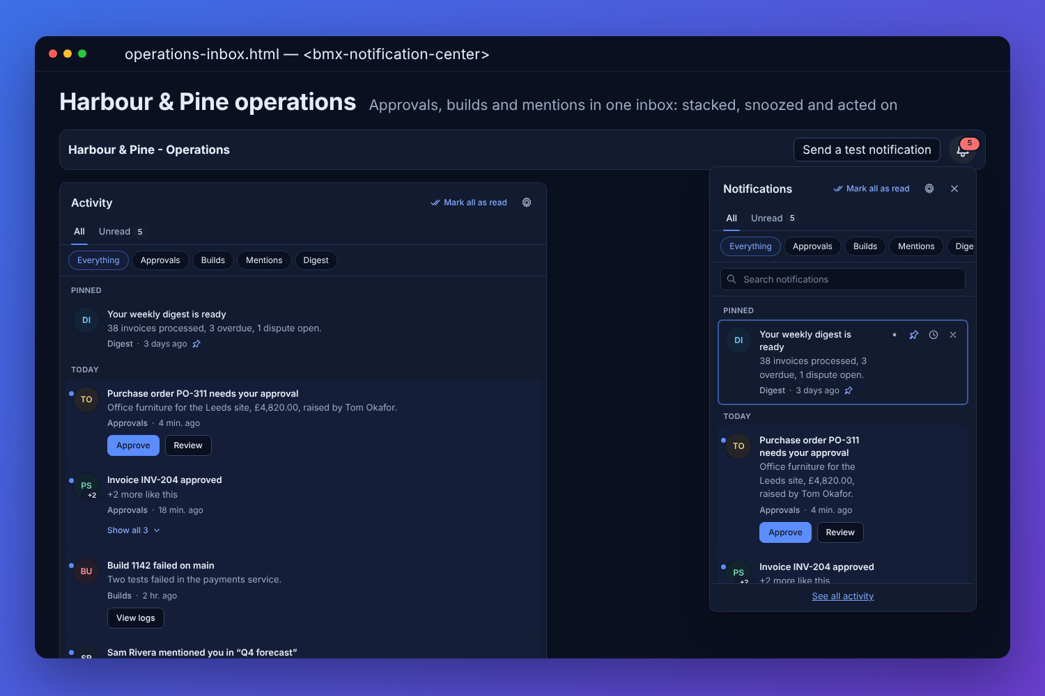 The BMX notification centre for a fictional supplier&rsquo;s operations team: an inline activity feed with a pinned digest, a purchase order waiting for approval with Approve and Review buttons, three approved invoices stacked into one and a failed build, and the same inbox open from the bell with its unread count, tabs, source filter and search