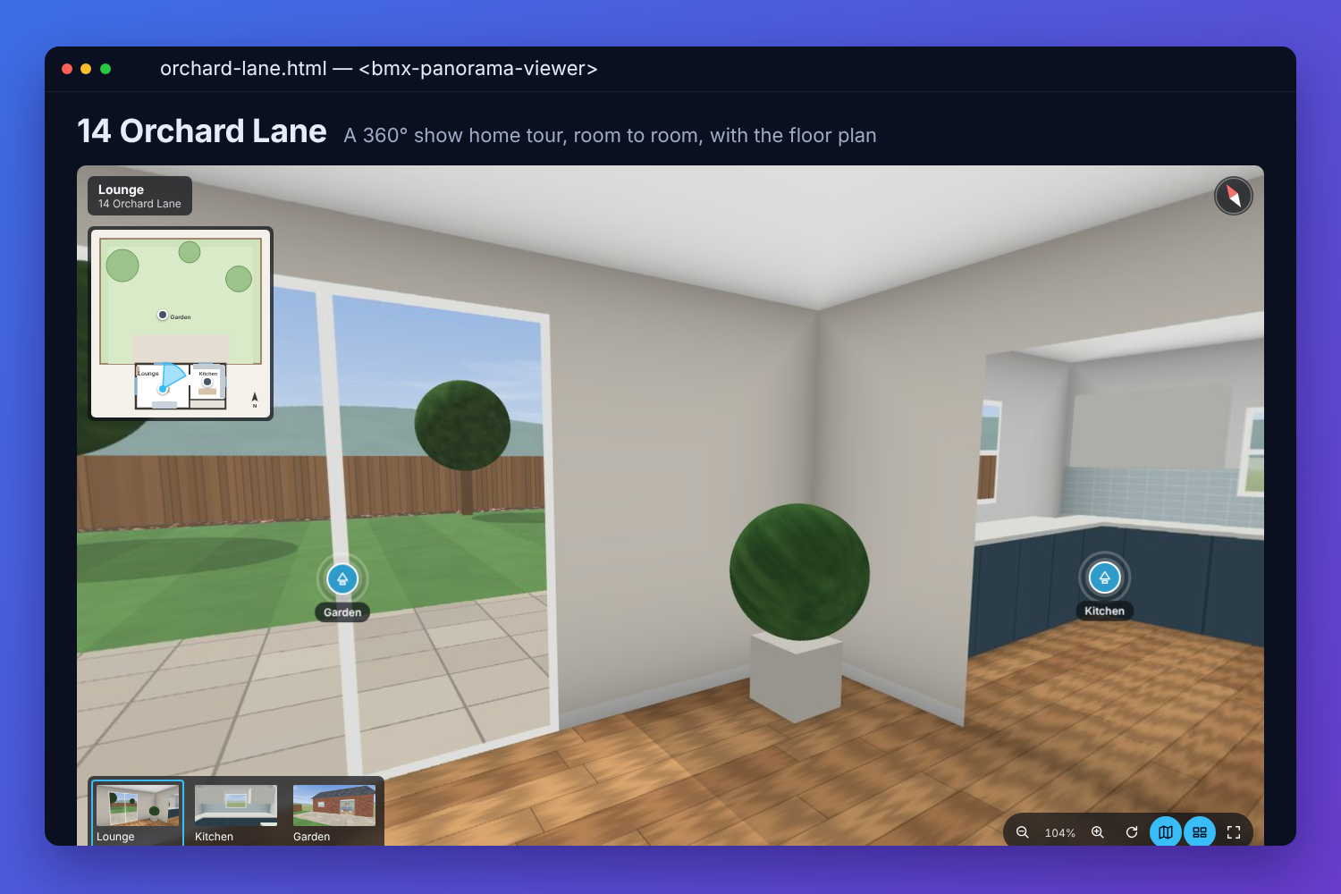 The BMX panorama viewer touring a fictional show home: the lounge in 360 degrees looking out through the patio doors, hotspots to the garden and the kitchen, the floor plan in the corner showing where the viewer stands and faces, and a strip of the three rooms below