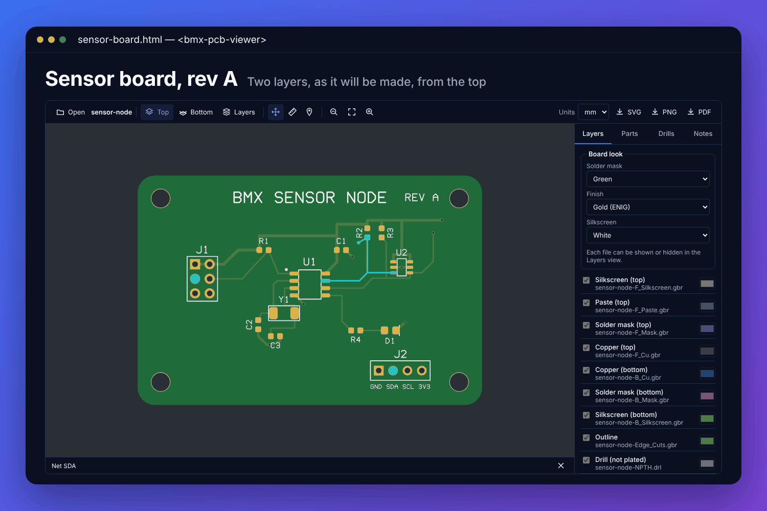 The BMX PCB viewer with a fictional two-layer sensor board shown as it will be made: green solder mask, gold pads, white silkscreen and mounting holes, with the board look and layer list beside it