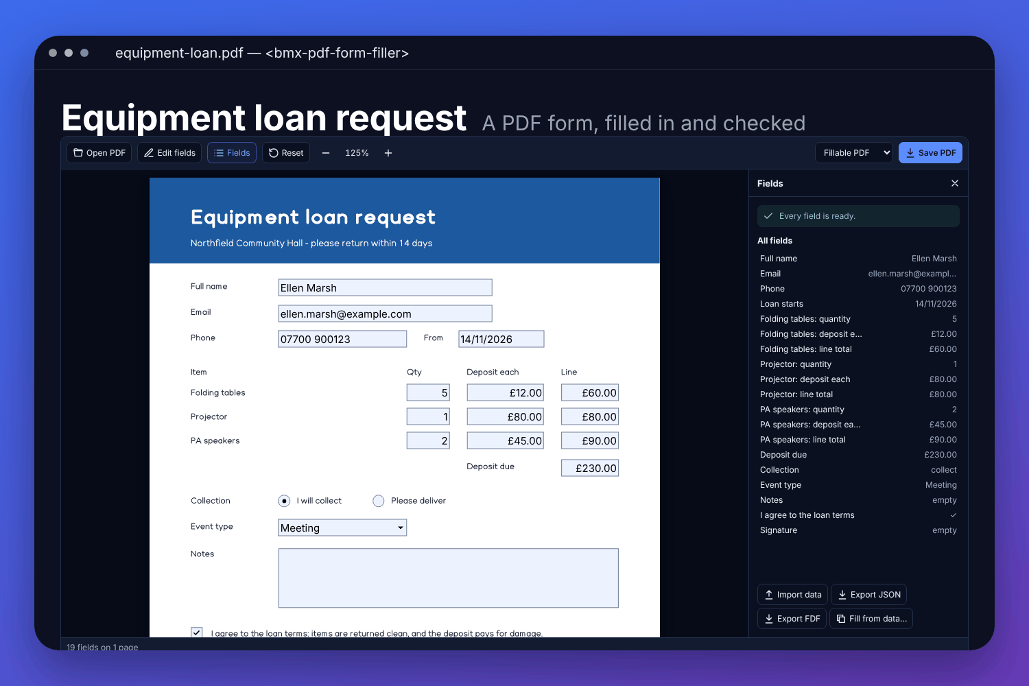 The BMX PDF form filler with a made-up equipment loan request: the form&rsquo;s fields filled in on the page, and the list of fields beside it