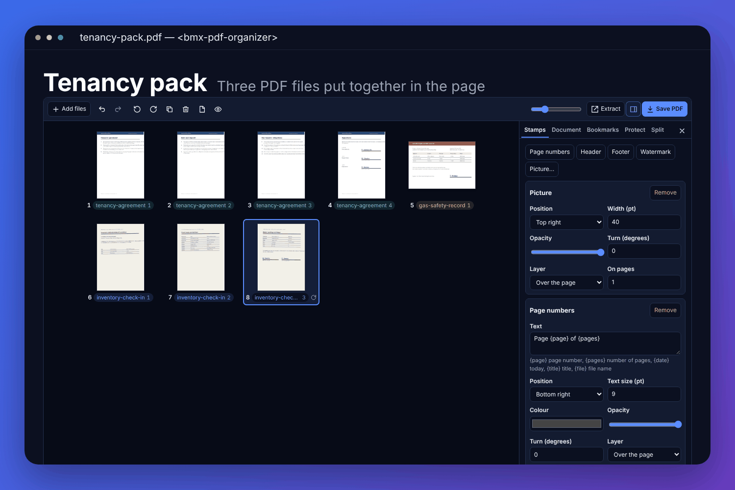 The BMX PDF organiser with a made-up tenancy pack: page thumbnails from three files, one page turned, and the stamps panel beside them