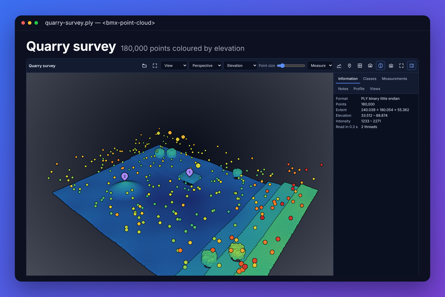 The BMX point cloud viewer with a made-up quarry survey of 180,000 points coloured by elevation: the quarry floor, benches cut into one side, a stockpile, a shed and trees, two notes pinned, and the file&rsquo;s details beside it