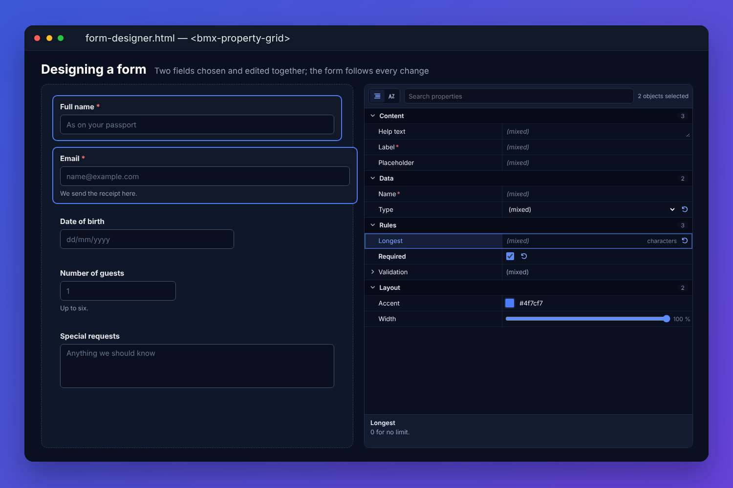 The BMX property grid editing two fields of a form at once: two objects selected, values they share shown once and values that differ shown as mixed, categories for content, data, rules and layout, a colour, a slider and the focused property's description at the foot