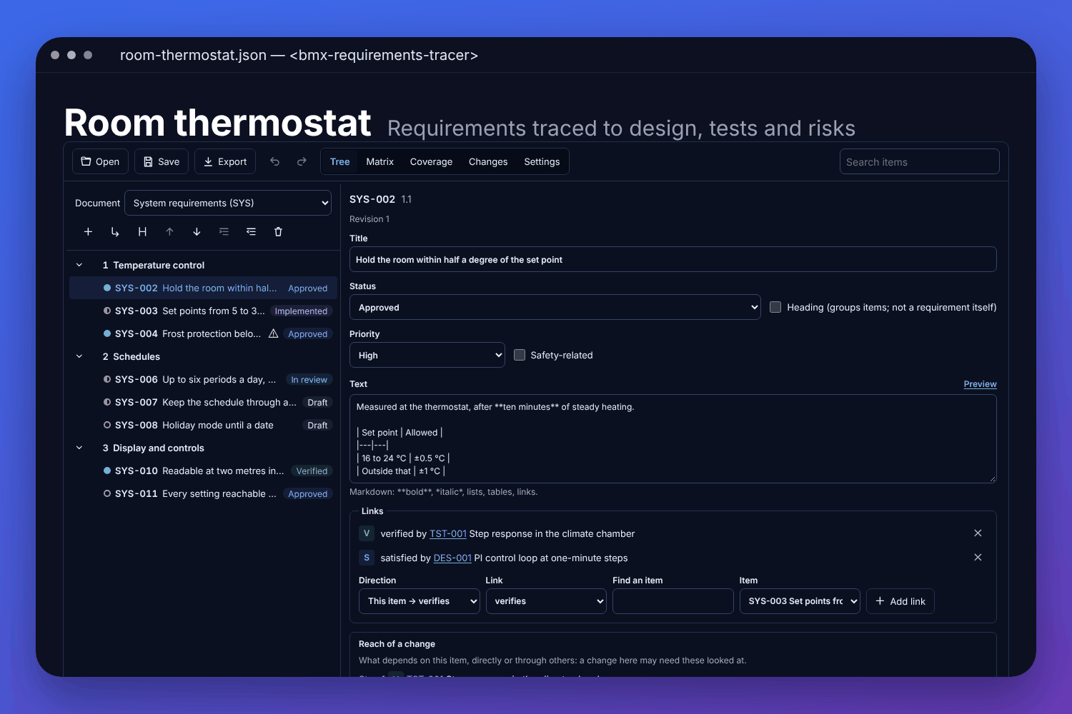 The BMX requirements tracer with a made-up room thermostat: system requirements under headings with their coverage, and one item open with its links