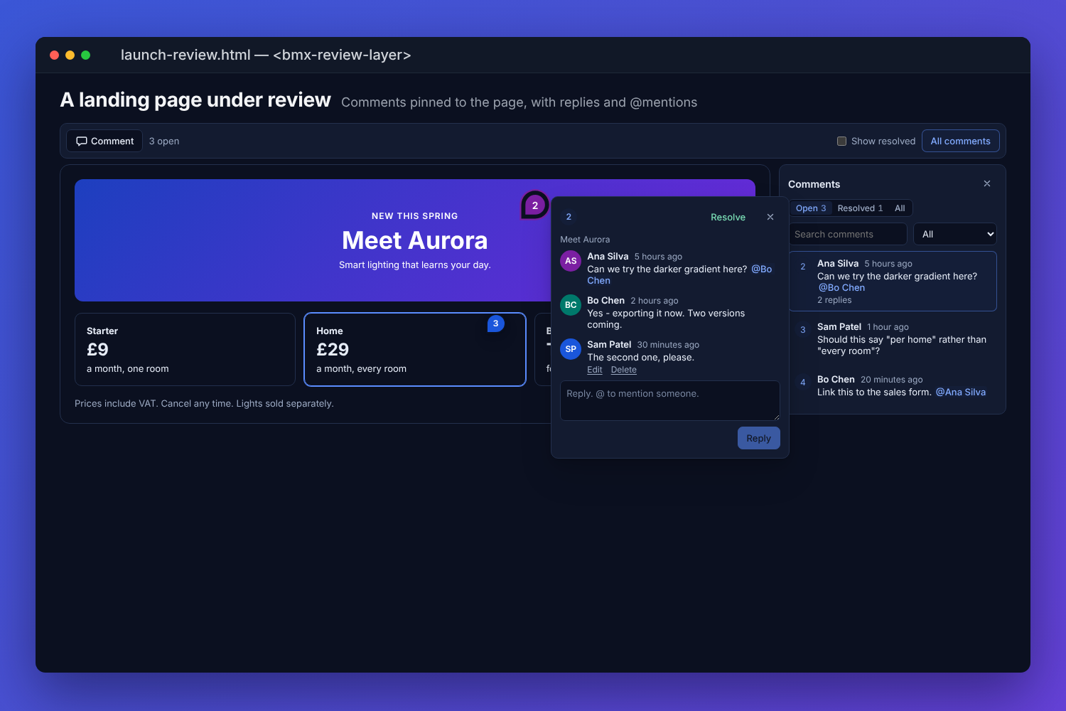 The BMX review layer over a landing page: numbered pins on the hero and on a price card, a thread open beside its pin with three replies and an @mention, and the list of open comments down the right