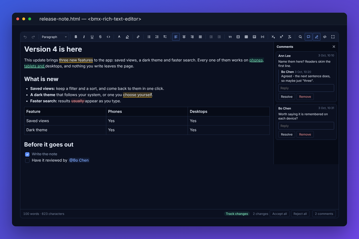 The BMX rich text editor on a release note under review: a heading, a commented phrase, a suggested insertion and deletion, a table and a checklist with a mention, the comments panel with a reply beside it, and the status bar counting two changes to accept or reject