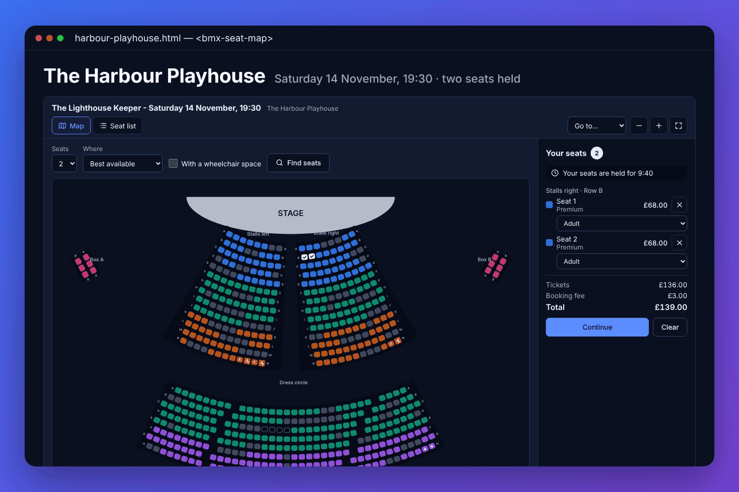 The BMX seat map for a fictional playhouse: the stage, curved stalls and a dress circle in price-zone colours with sold seats greyed, two seats chosen in the stalls, and the summary beside it with the hold&rsquo;s countdown, ticket types, a booking fee and the total