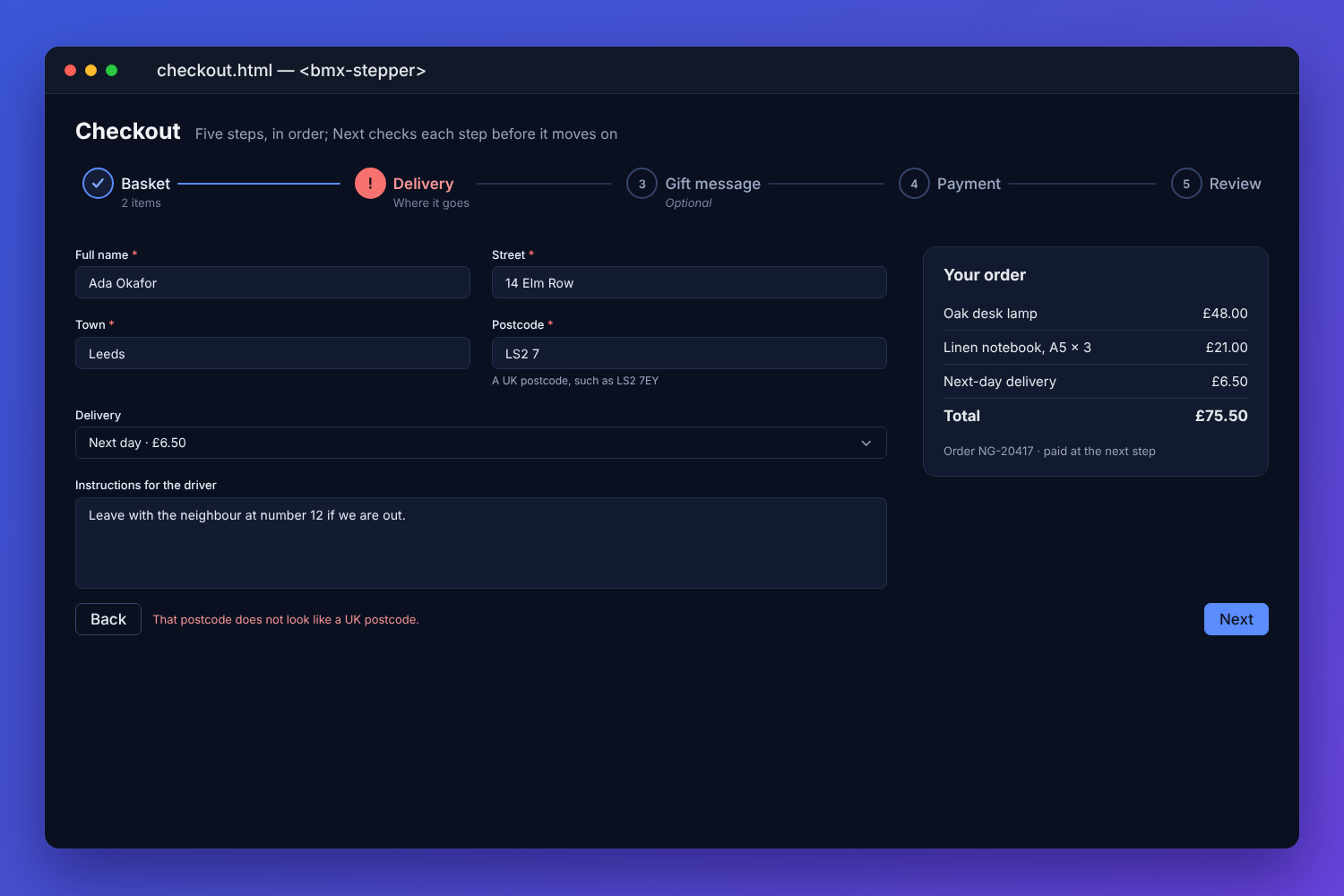 The BMX stepper on a checkout: Basket done, Delivery marked as needing attention because the postcode was refused, the delivery fields and an order summary, and Back and Next