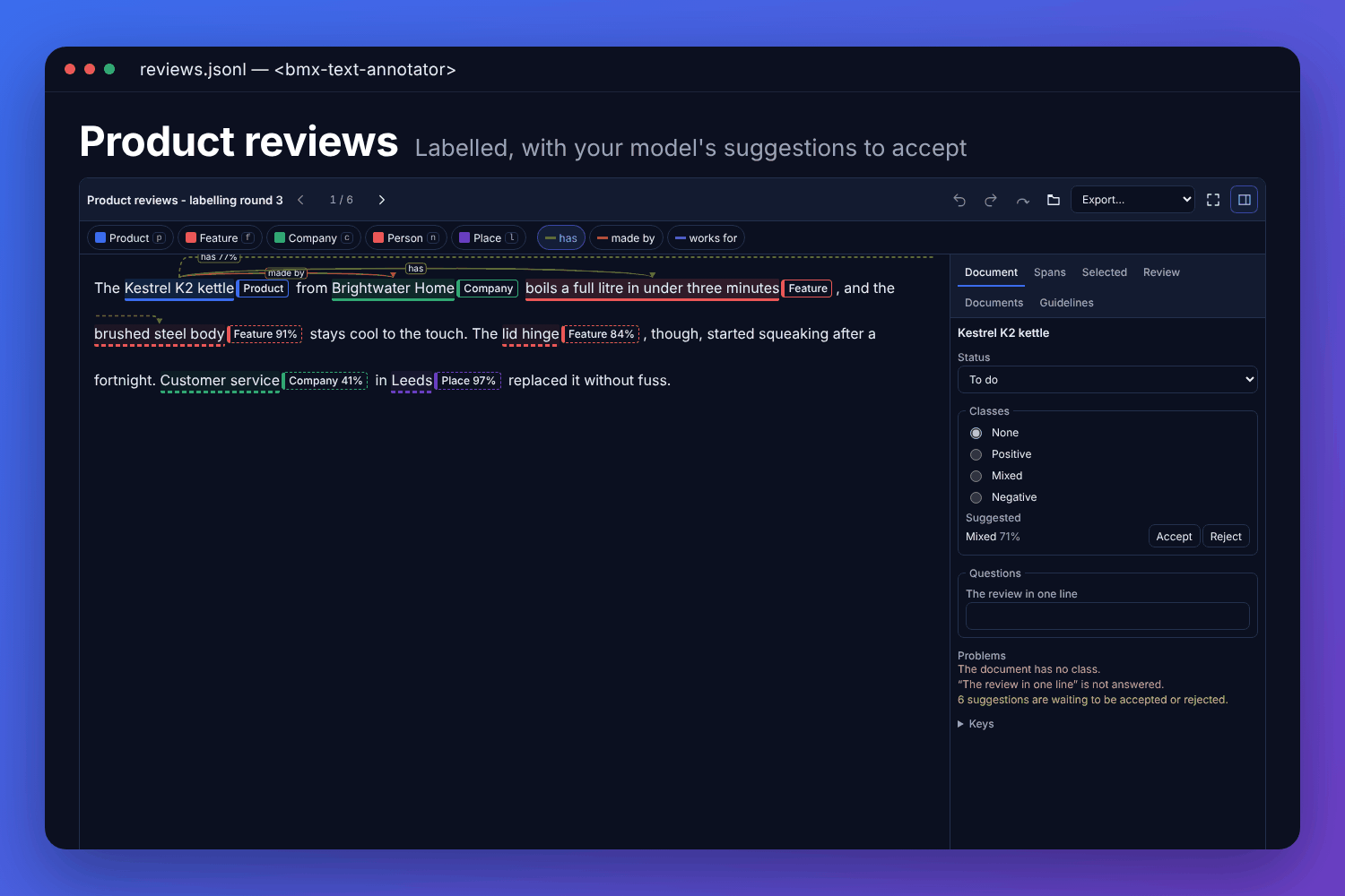 The BMX text annotator with made-up product reviews: labelled spans as coloured bars under the text, a relation drawn as an arc, dashed suggestions with their confidence, and the document&rsquo;s classes beside it