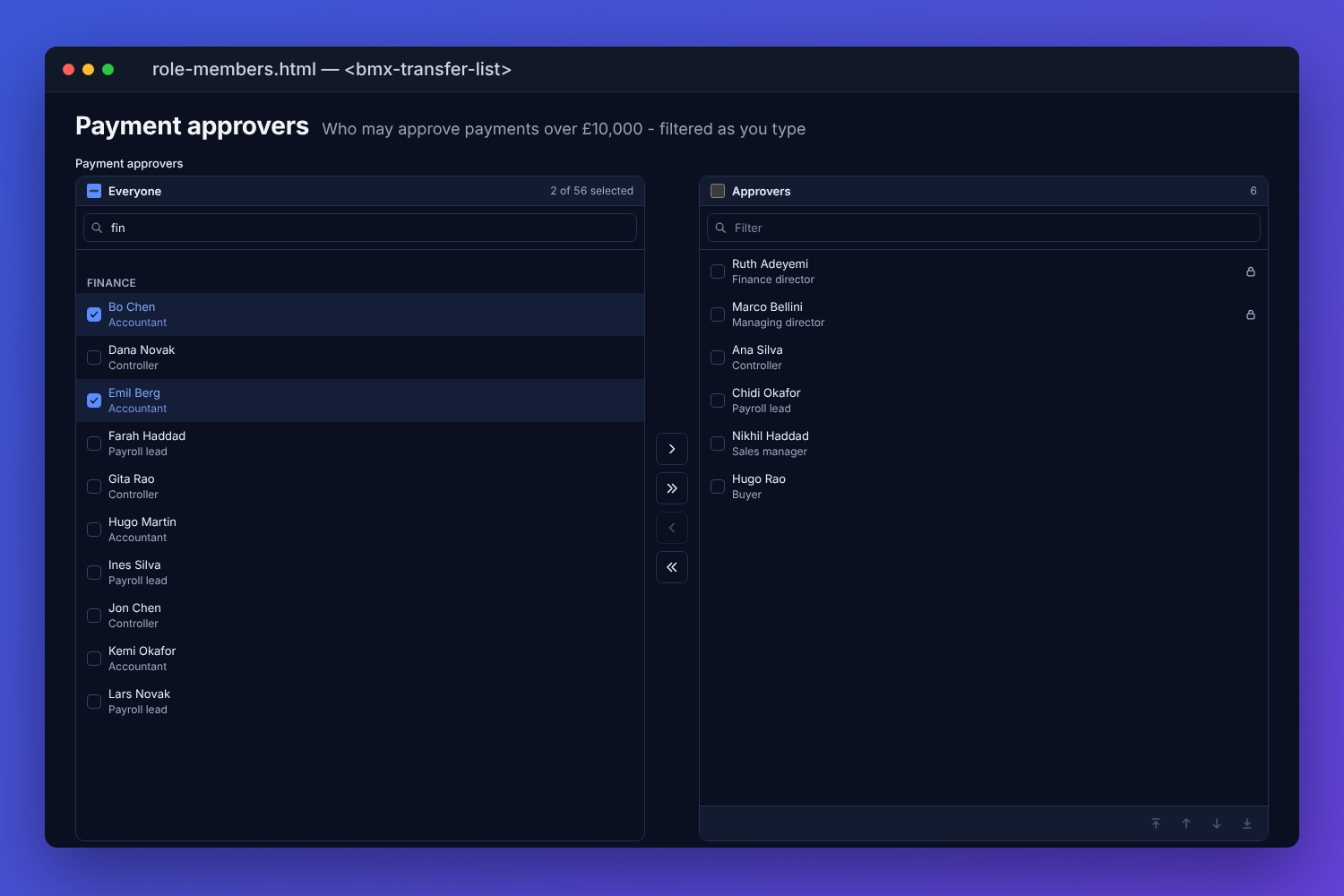 The BMX transfer list choosing payment approvers: Everyone filtered for fin, two accountants selected under Finance, and six approvers chosen on the right, two directors among them locked in place