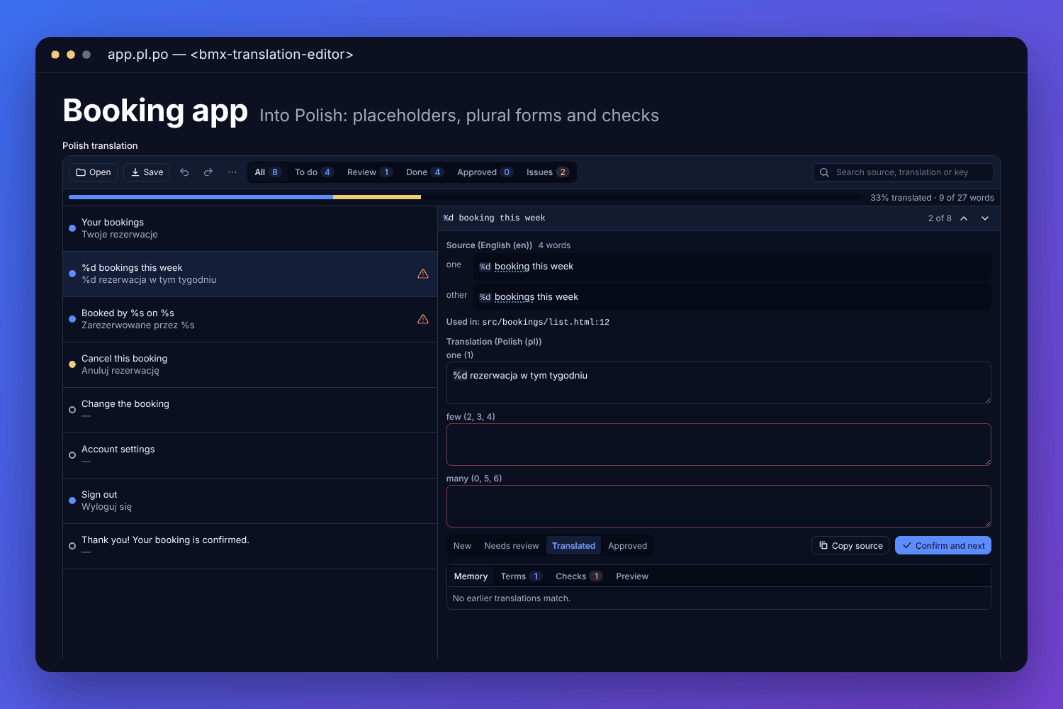 The BMX translation editor with a made-up booking app&rsquo;s strings in Polish: the string list with each one&rsquo;s state, a plural string chosen with its source, the Polish fields for one, few and many, and the memory, terms and checks below