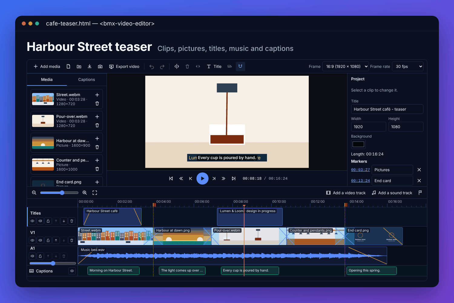 The BMX video editor with a fictional caf&eacute;&rsquo;s teaser: the media list, the preview, and the timeline with a titles track, clips with transitions, a music bed&rsquo;s waveform and captions