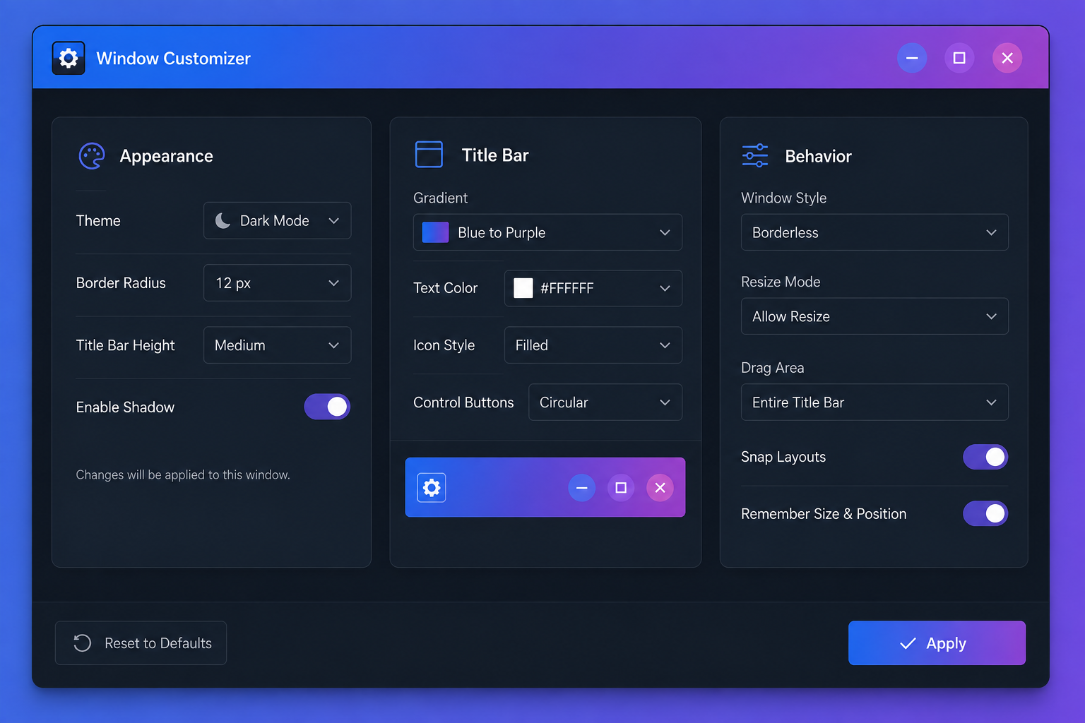 Screenshot-style illustration of a custom borderless window with a gradient title bar