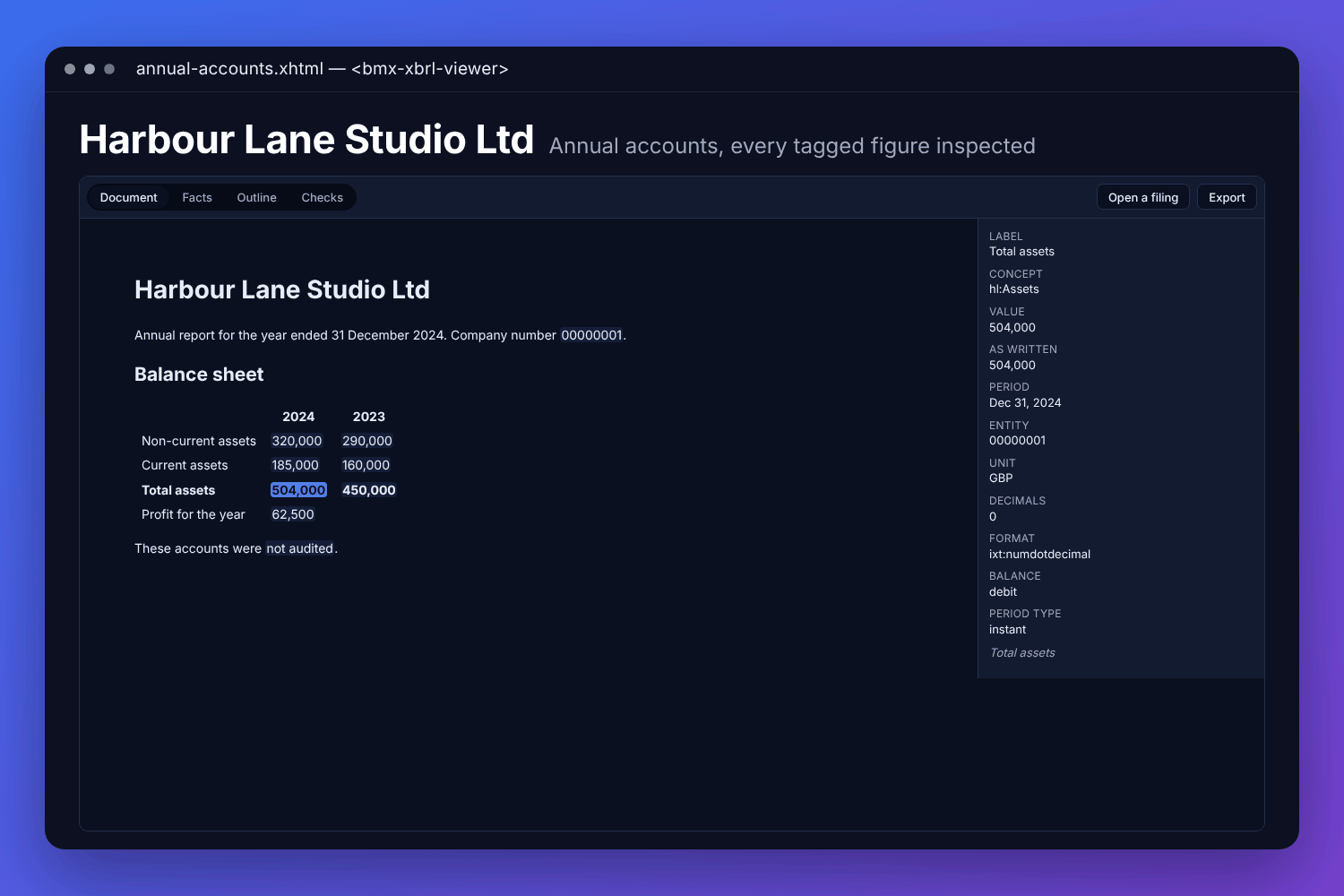The BMX XBRL viewer with a fictional studio&rsquo;s annual accounts: the balance sheet as it was laid out with every tagged figure lit up, total assets chosen, and its concept, value, period, entity, unit and balance beside it