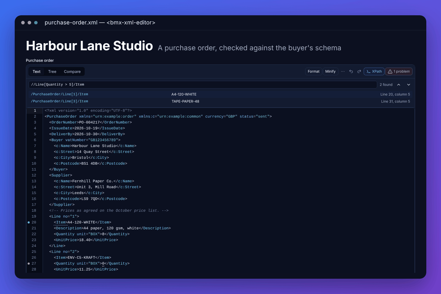The BMX XML editor with a made-up stationery order from a fictional studio: the XML coloured in the text view, an XPath bar listing the two lines over five boxes, and a quantity of 0 underlined as breaking the order schema, with one problem shown in the toolbar