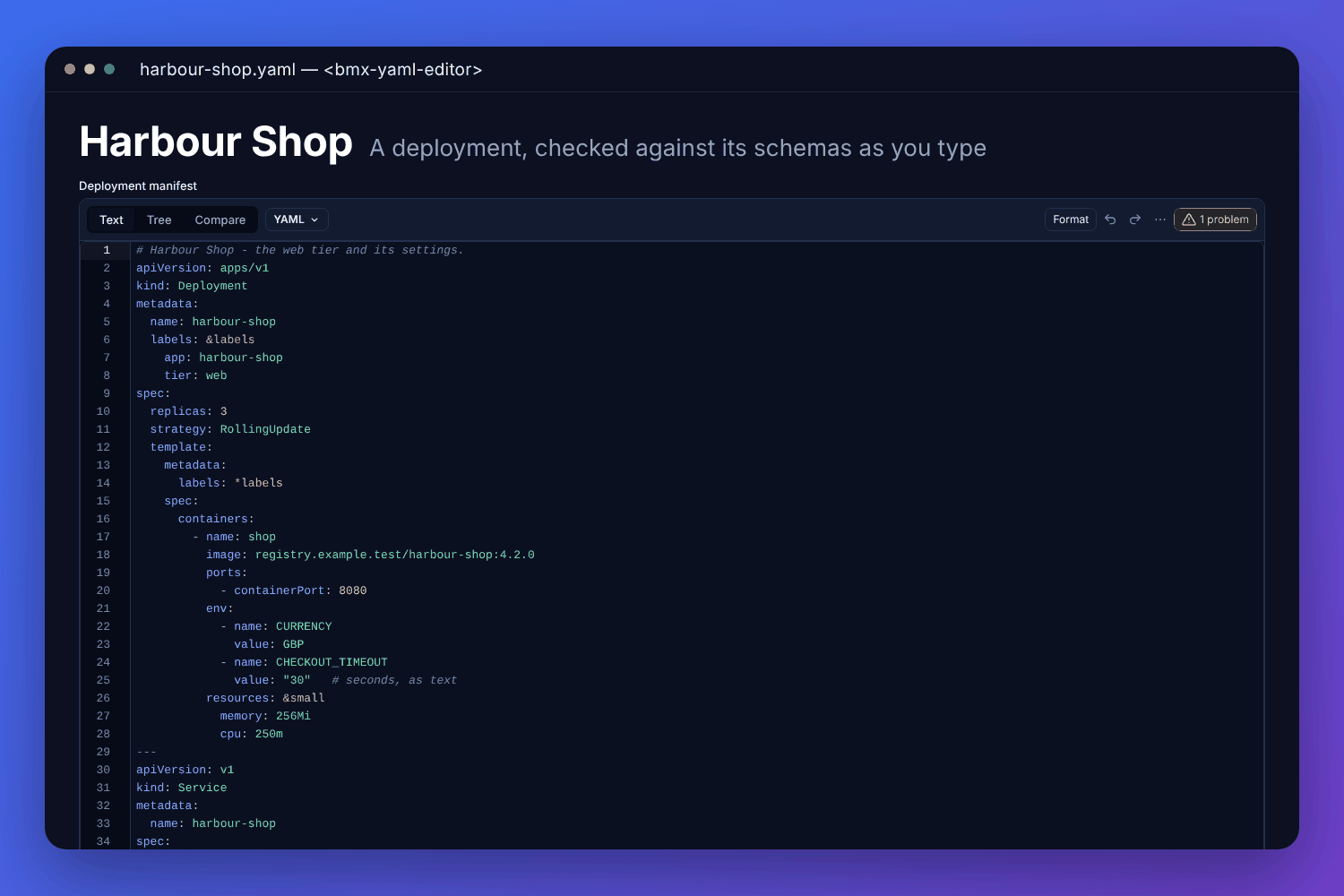 The BMX YAML editor with a made-up shop&rsquo;s deployment file: the YAML coloured in the text view, a second document below the first, and one problem against its schema counted in the toolbar